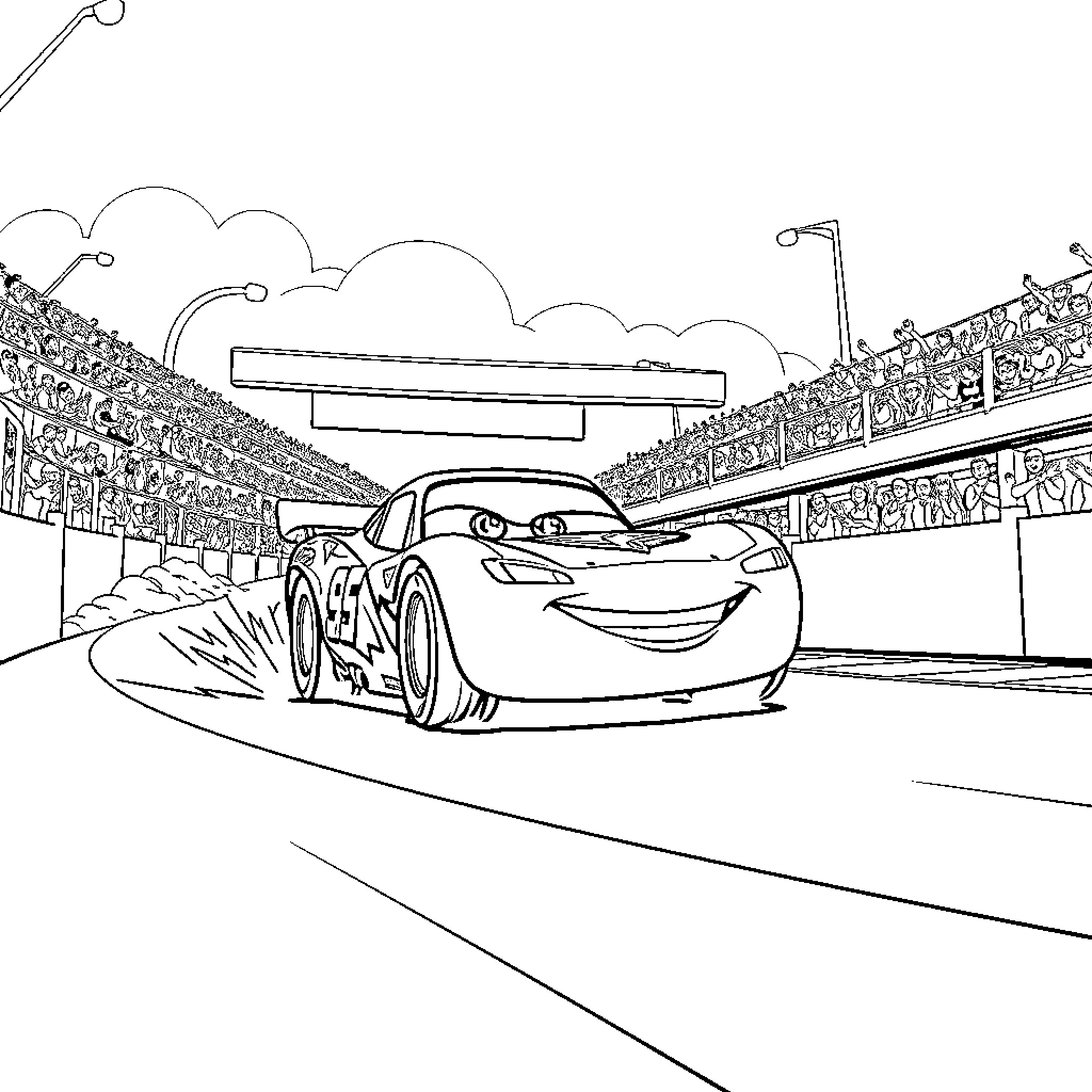Lightning McQueen speeding on the race track Coloring Page (free black-and-white line drawing printable PDF for all, from beginners to advanced learners, including children, teens, adults, and seniors)