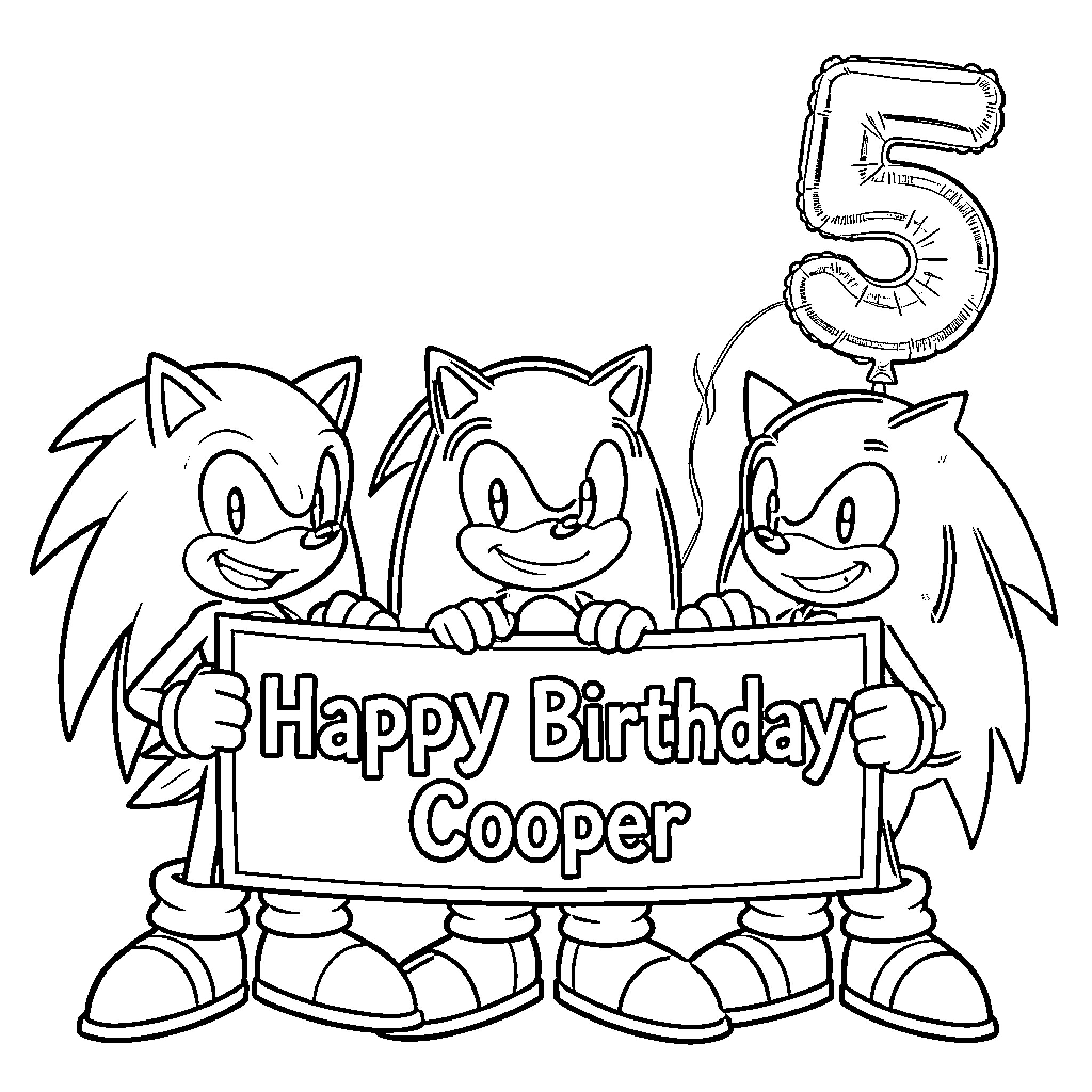 Sonic Characters Celebrate Cooper's Birthday Coloring Page (free black-and-white line drawing printable PDF for all, from beginners to advanced learners, including children, teens, adults, and seniors)