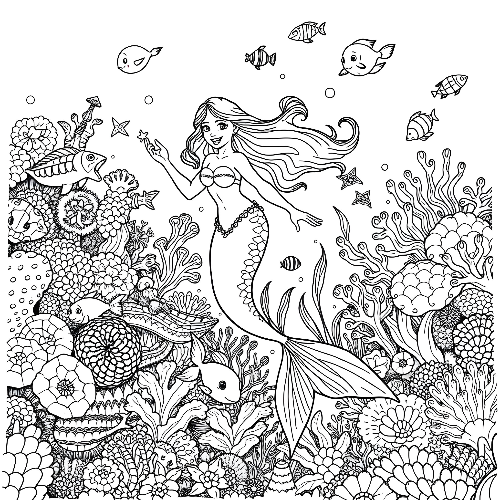 Mermaid in a Whimsical Underwater World Coloring Page (free black-and-white line drawing printable PDF for all, from beginners to advanced learners, including children, teens, adults, and seniors)