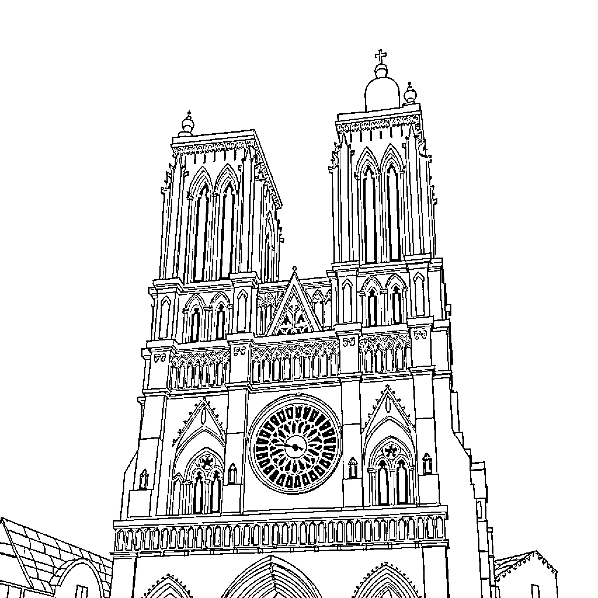 Jorobado Cathedral with Gothic Architecture and Ornate Details Coloring Page (free black-and-white line drawing printable PDF for all, from beginners to advanced learners, including children, teens, adults, and seniors)