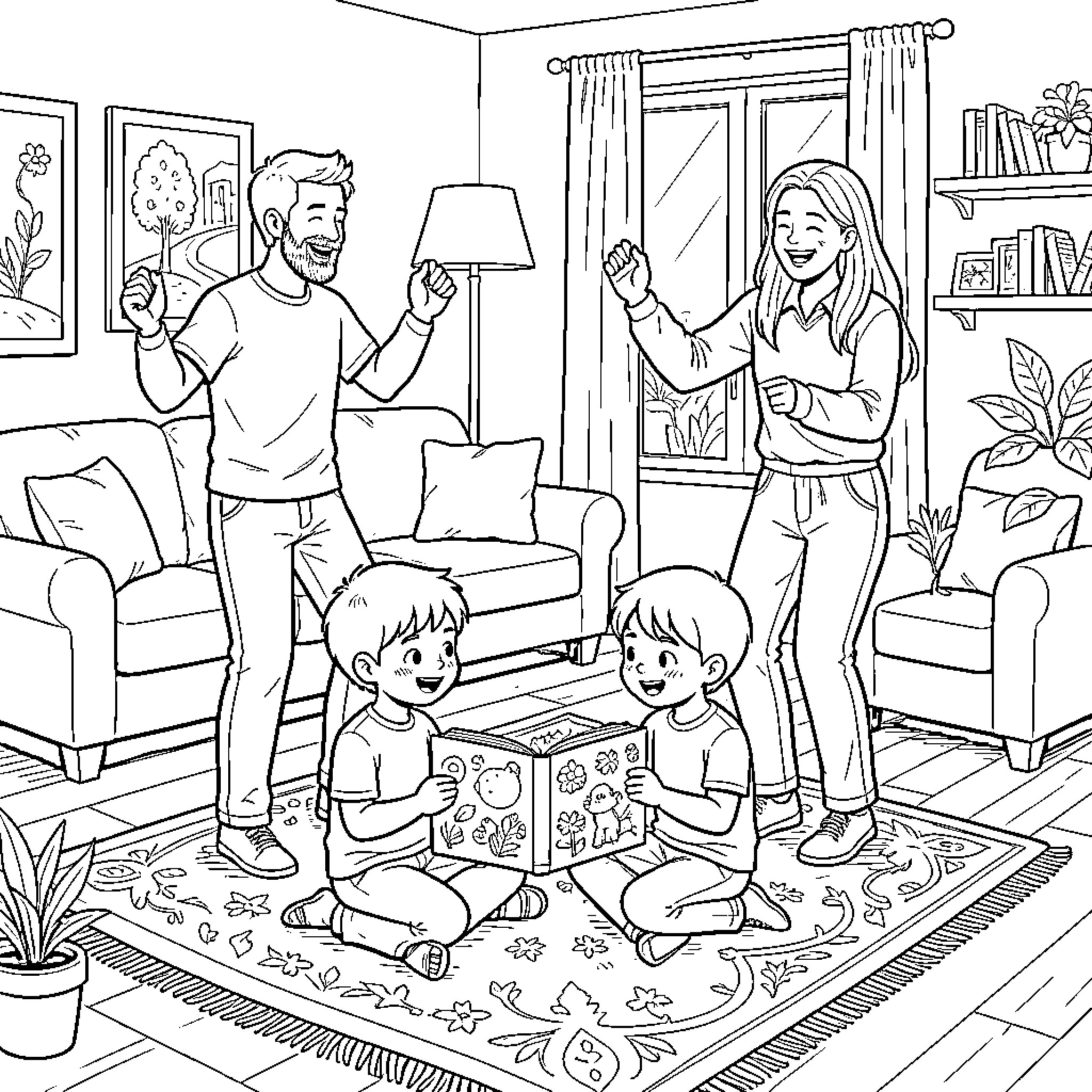 Kid Family Spending Time Together at Home Coloring Page (free black-and-white line drawing printable PDF for all, from beginners to advanced learners, including children, teens, adults, and seniors)
