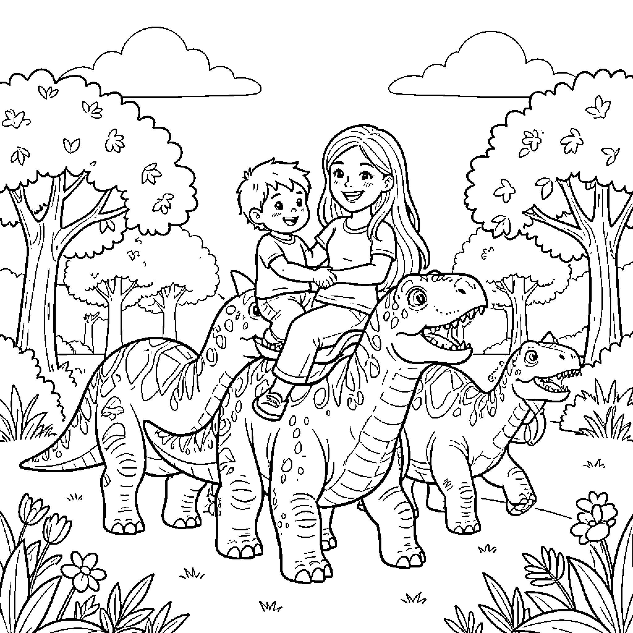 Dinosaur Ride with a Happy Family Coloring Page (free black-and-white line drawing printable PDF for all, from beginners to advanced learners, including children, teens, adults, and seniors)