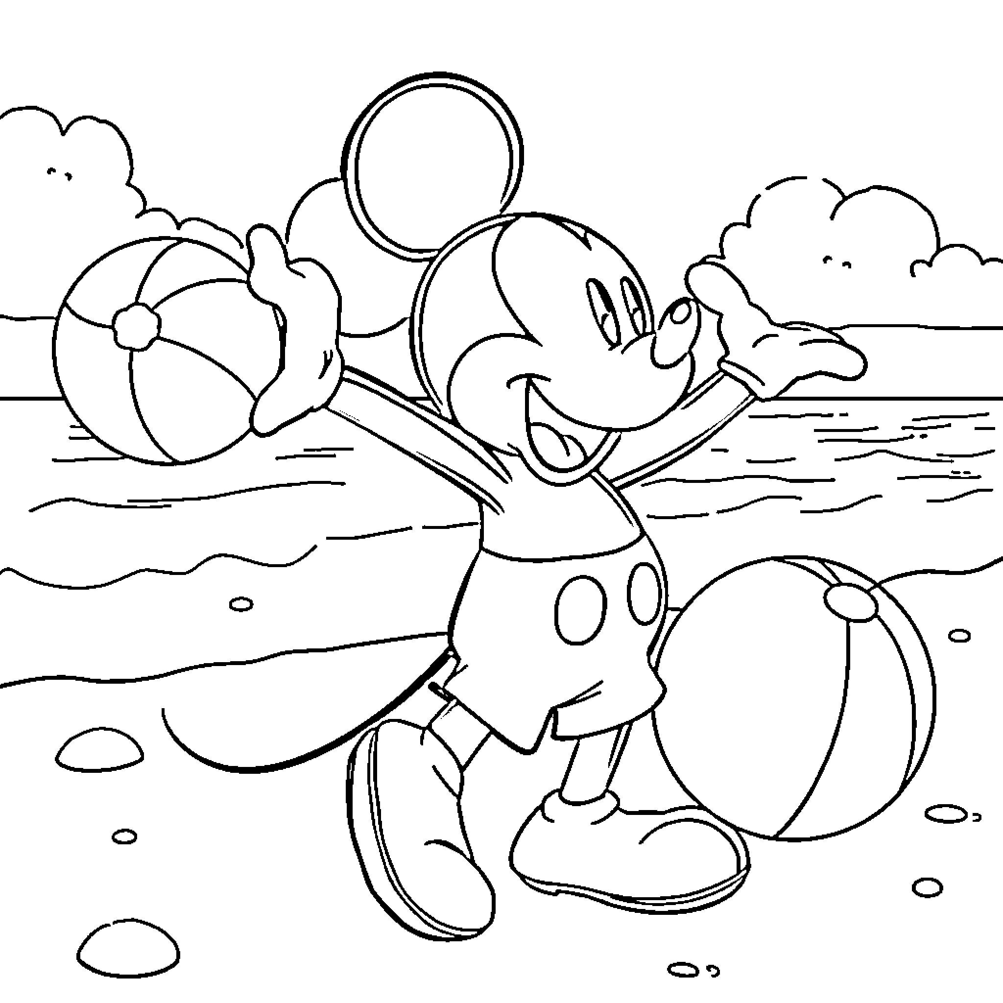 Mickey Mouse playing with beach balls on the shore Coloring Page (free black-and-white line drawing printable PDF for all, from beginners to advanced learners, including children, teens, adults, and seniors)