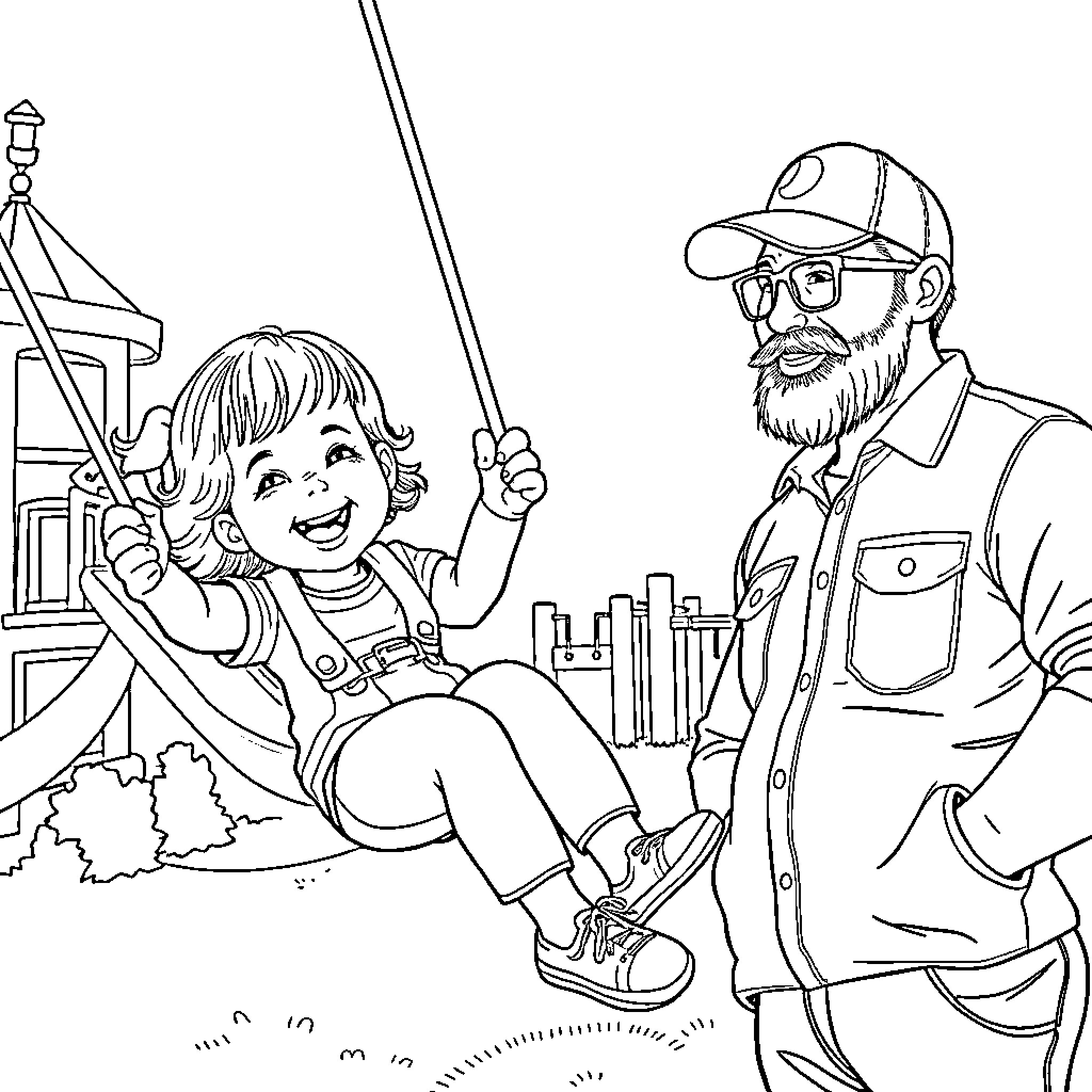Girl playing on swing with bearded man Coloring Page (free black-and-white line drawing printable PDF for all, from beginners to advanced learners, including children, teens, adults, and seniors)