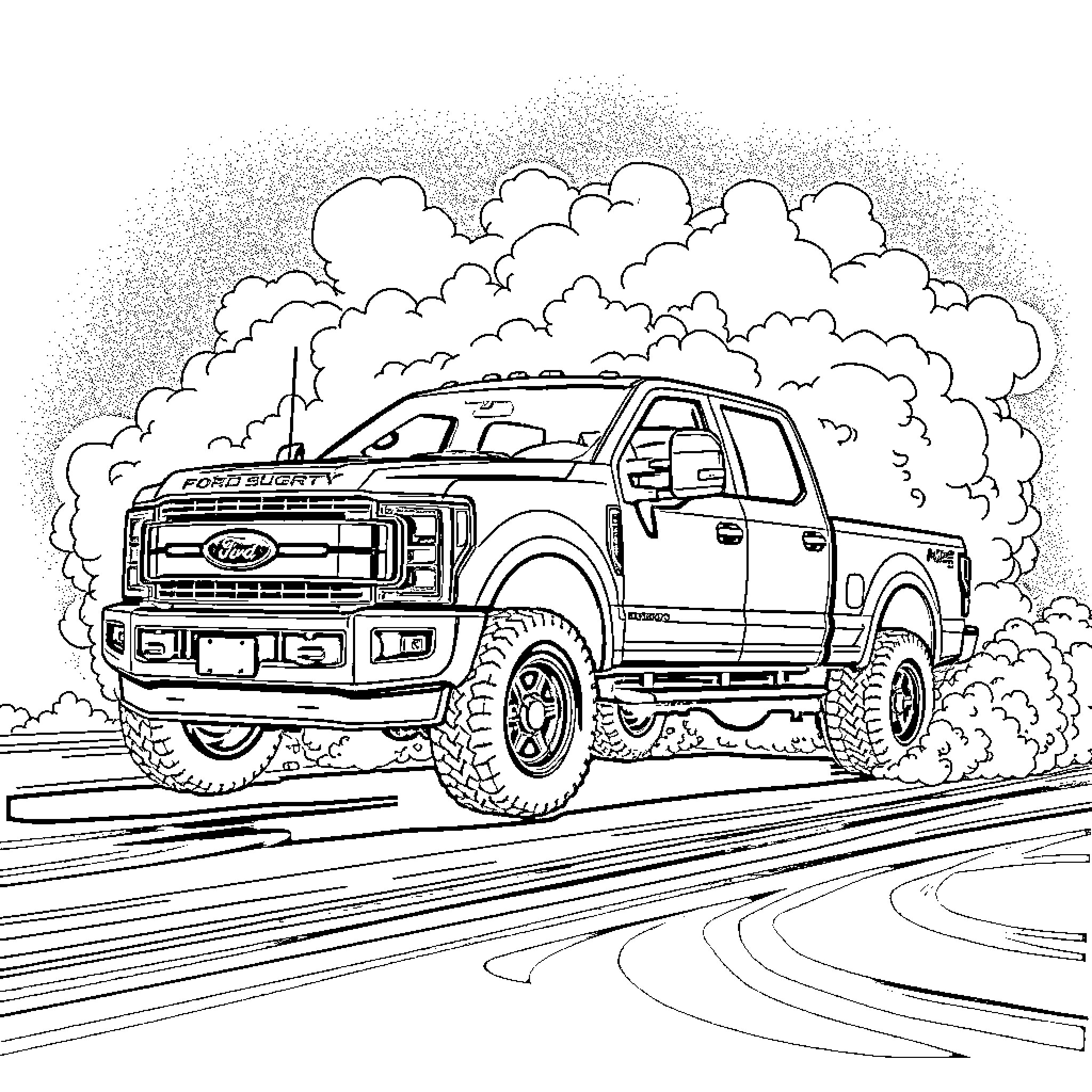 Ford truck driving through muddy off-road terrain Coloring Page (free black-and-white line drawing printable PDF for all, from beginners to advanced learners, including children, teens, adults, and seniors)