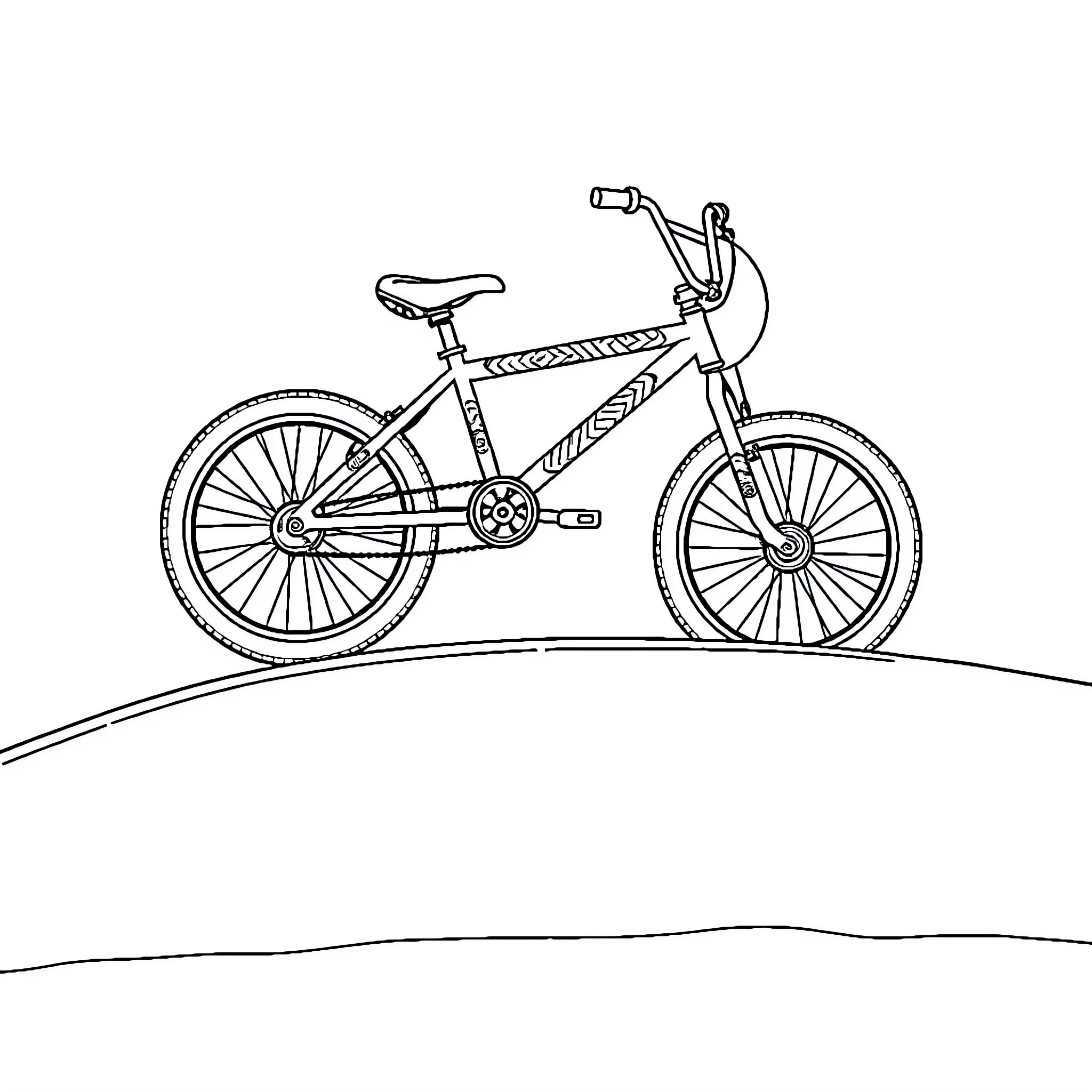 BMX bike performing tricks on ramp Coloring Page (free black-and-white line drawing printable PDF for all, from beginners to advanced learners, including children, teens, adults, and seniors)