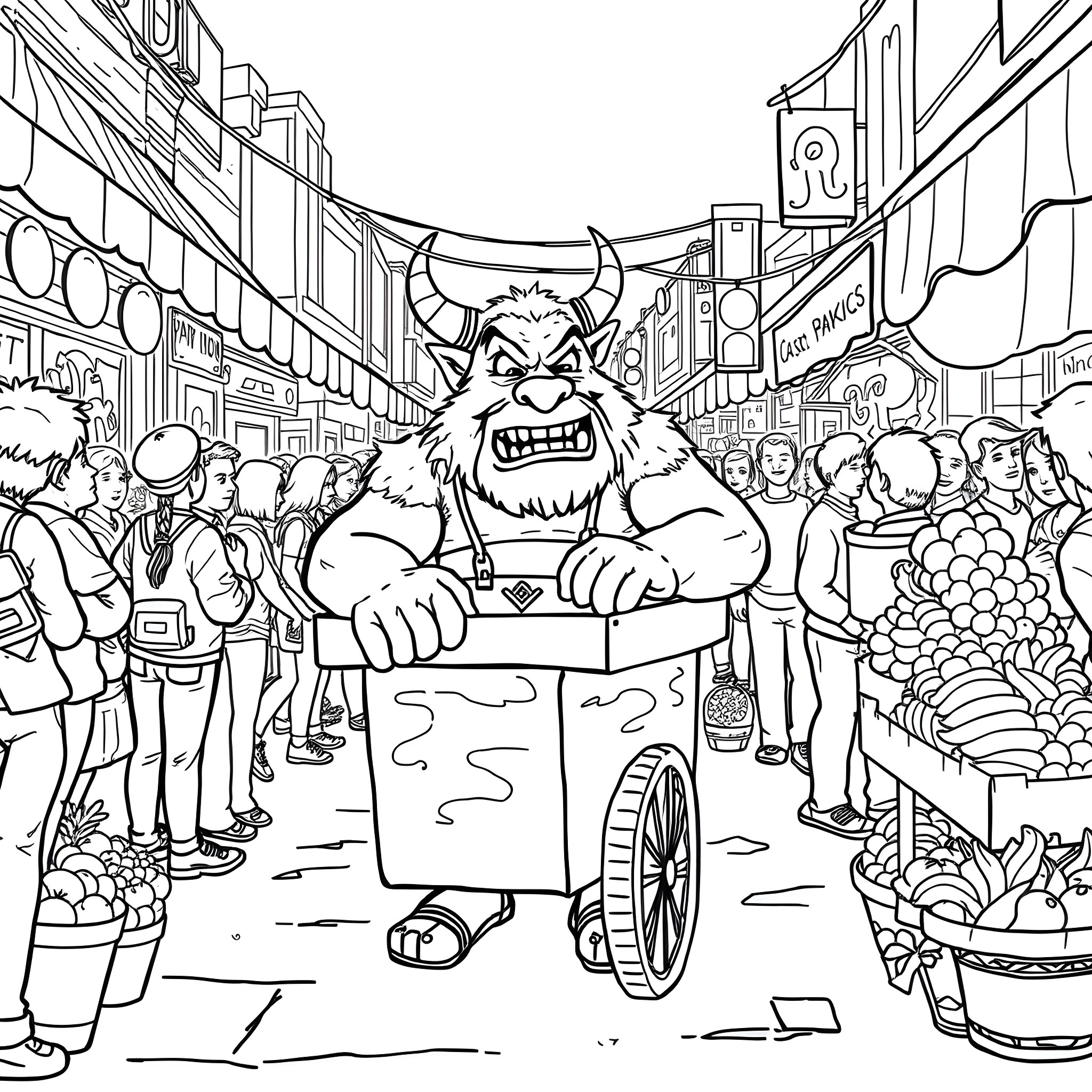 Orc Vendor Causing Commotion in Bustling Market Coloring Page (free black-and-white line drawing printable PDF for all, from beginners to advanced learners, including children, teens, adults, and seniors)