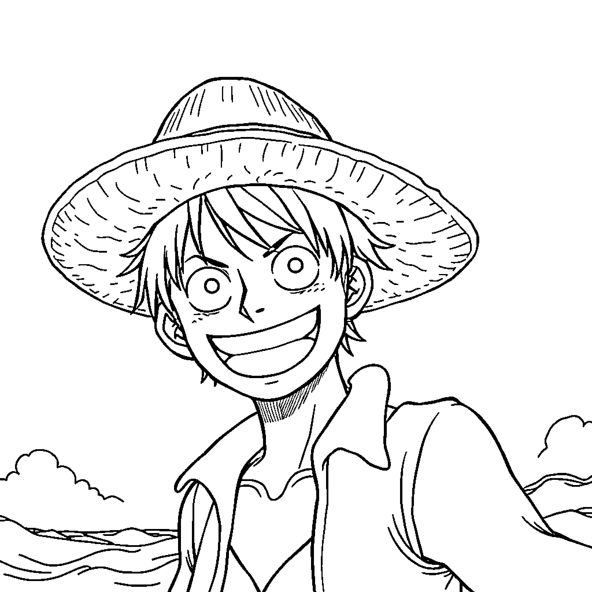 Luffy's Adventurous Spirit in the Vast Landscape Coloring Page (free black-and-white line drawing printable PDF for all, from beginners to advanced learners, including children, teens, adults, and seniors)