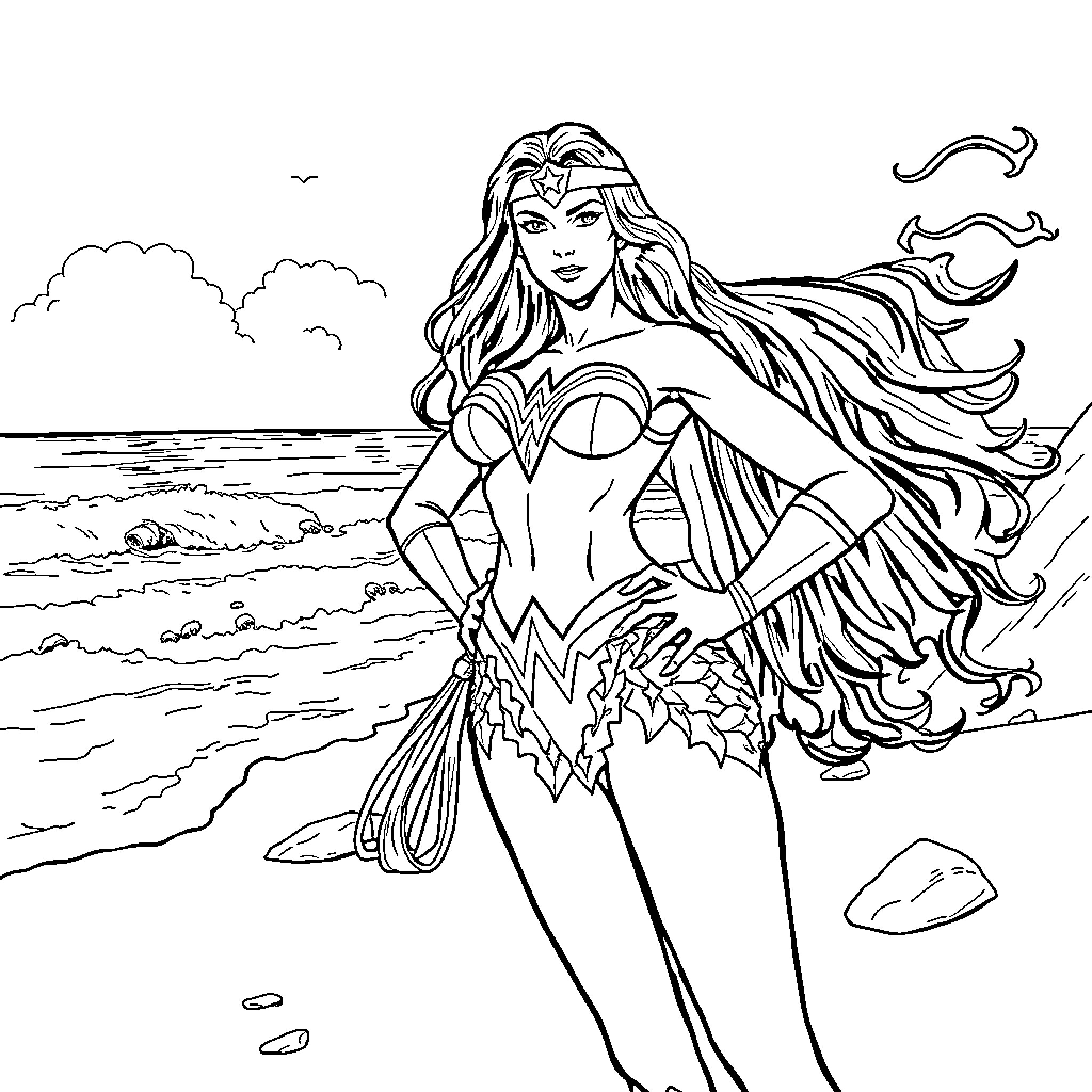 Wonder Woman's heroic pose on the beach Coloring Page (free black-and-white line drawing printable PDF for all, from beginners to advanced learners, including children, teens, adults, and seniors)