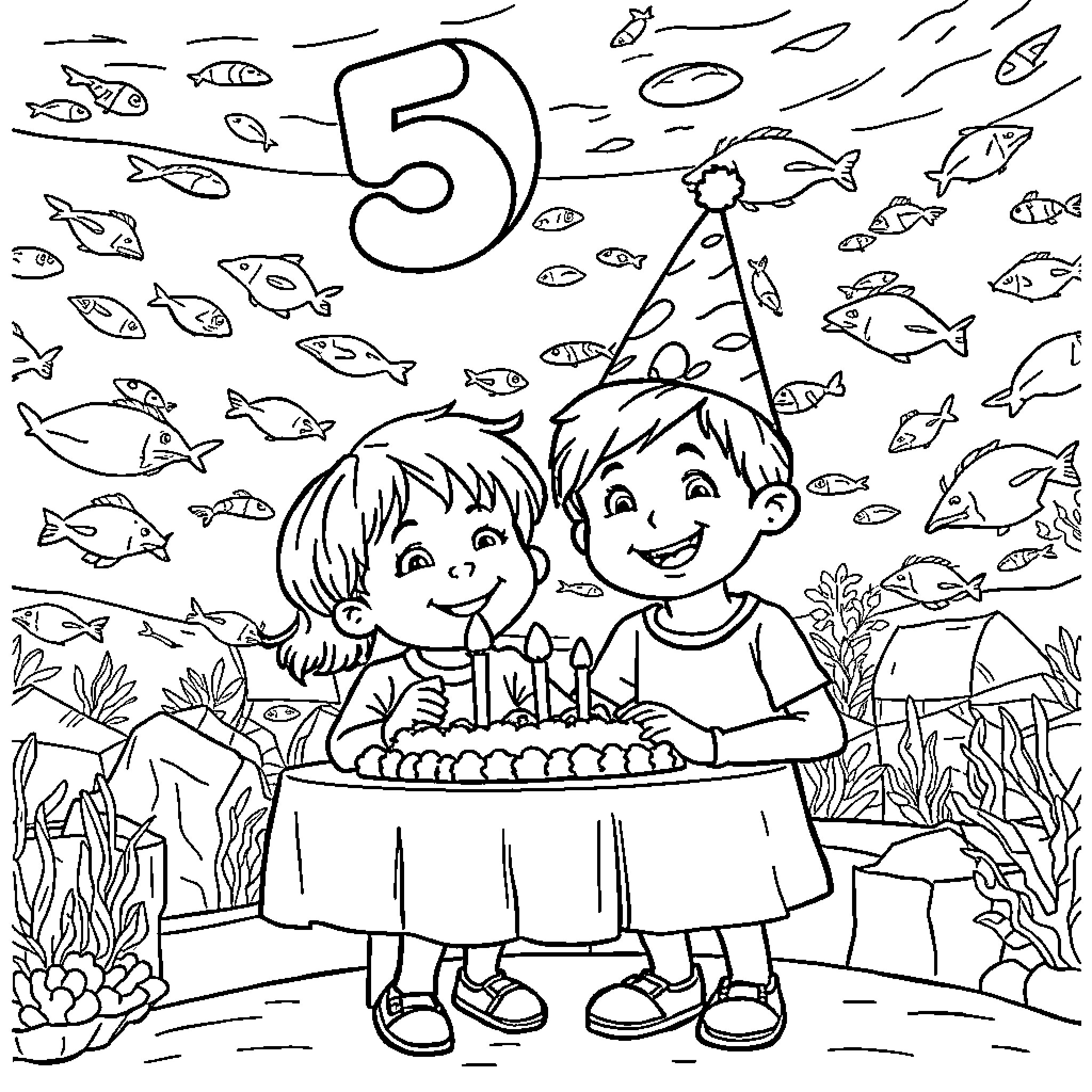 Birthday Celebration with Underwater Friends Coloring Page (free black-and-white line drawing printable PDF for all, from beginners to advanced learners, including children, teens, adults, and seniors)