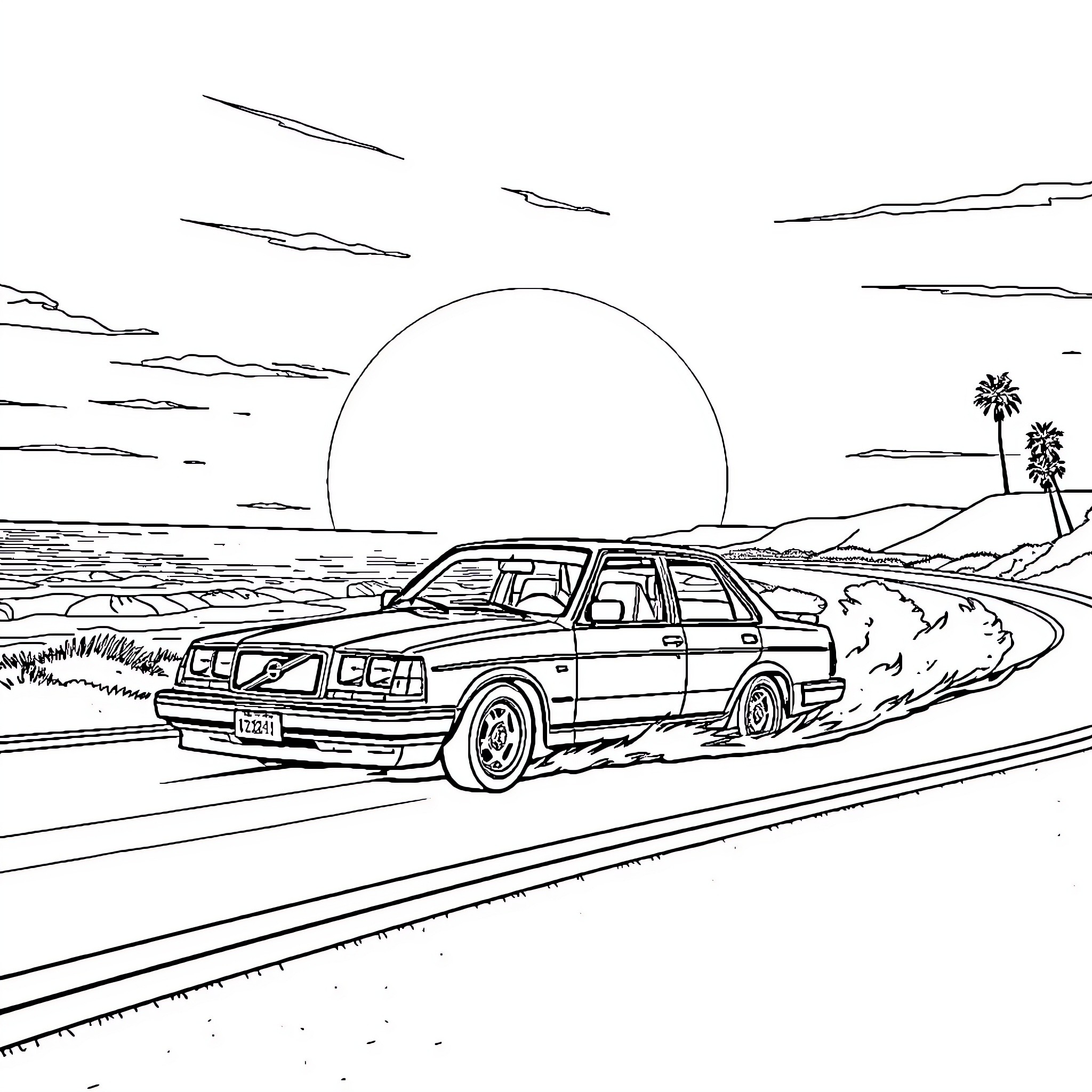 Volvo driving on a scenic desert road Coloring Page (free black-and-white line drawing printable PDF for all, from beginners to advanced learners, including children, teens, adults, and seniors)