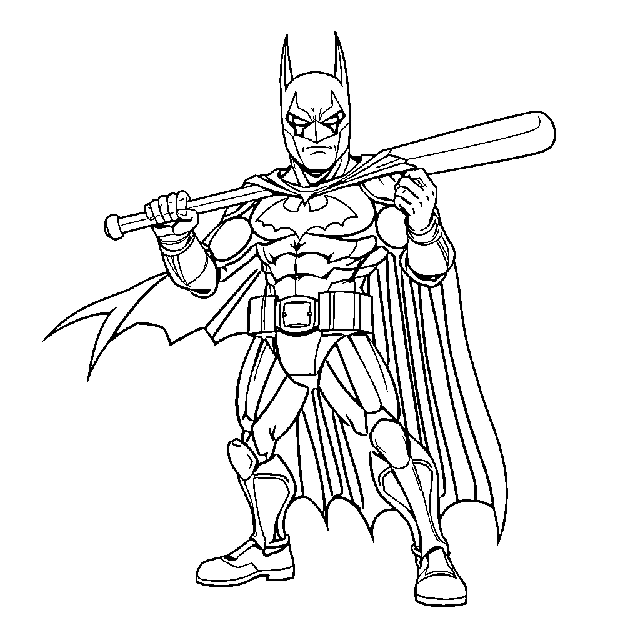 Batmetal: Caped Crusader in Action Pose Coloring Page (free black-and-white line drawing printable PDF for all, from beginners to advanced learners, including children, teens, adults, and seniors)