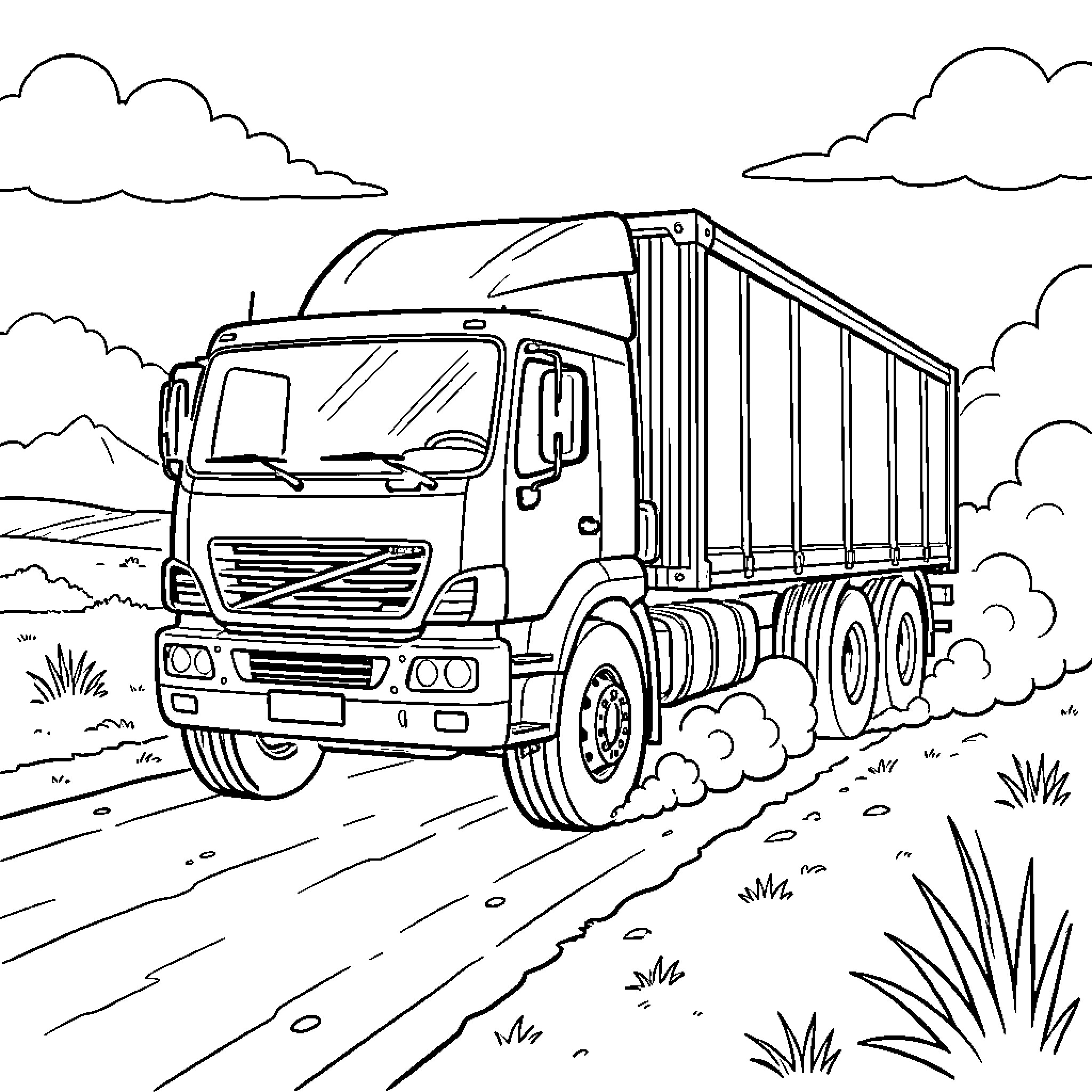 Truck driving on a country road Coloring Page (free black-and-white line drawing printable PDF for all, from beginners to advanced learners, including children, teens, adults, and seniors)