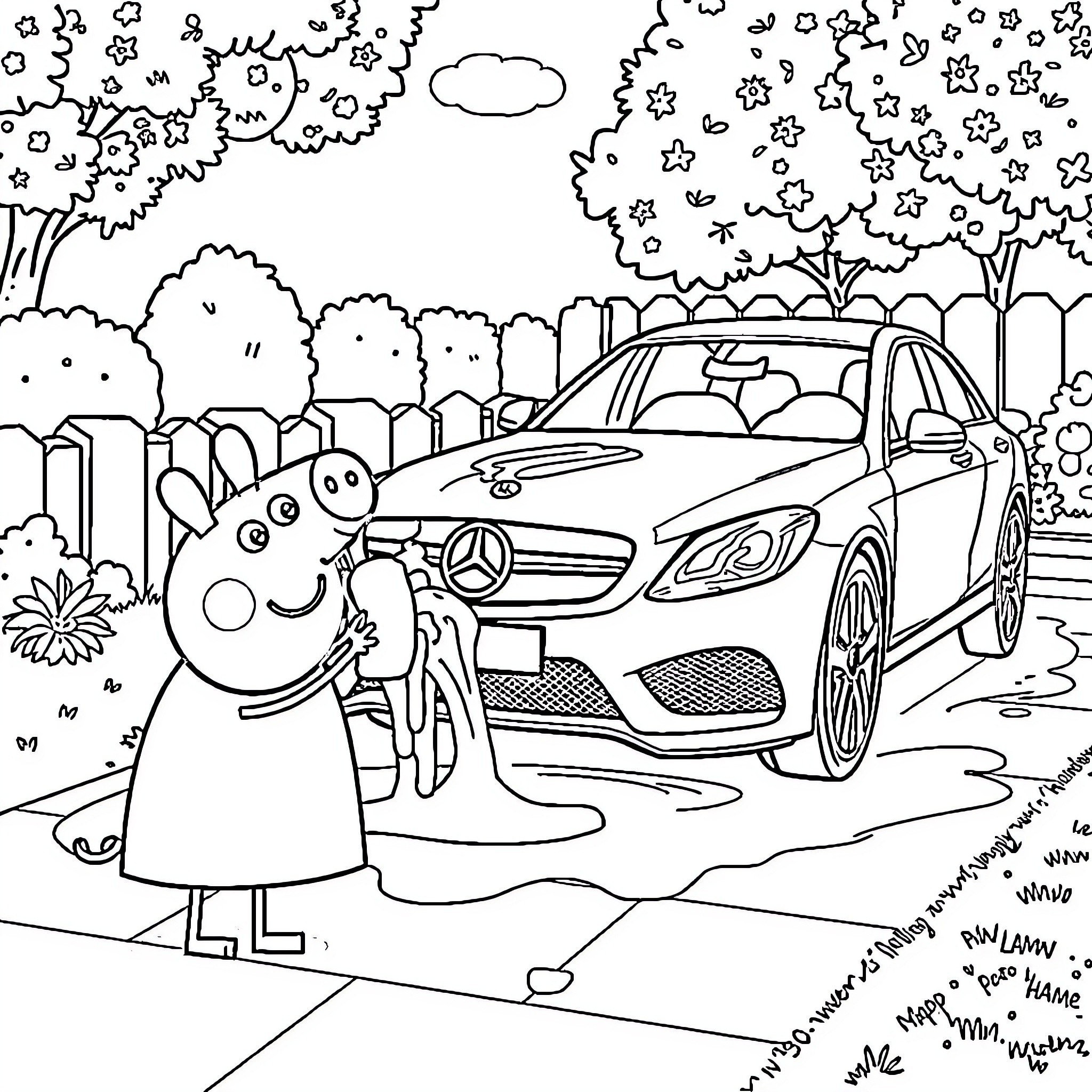 Peppa Pig explores a fancy car in the neighborhood Coloring Page (free black-and-white line drawing printable PDF for all, from beginners to advanced learners, including children, teens, adults, and seniors)