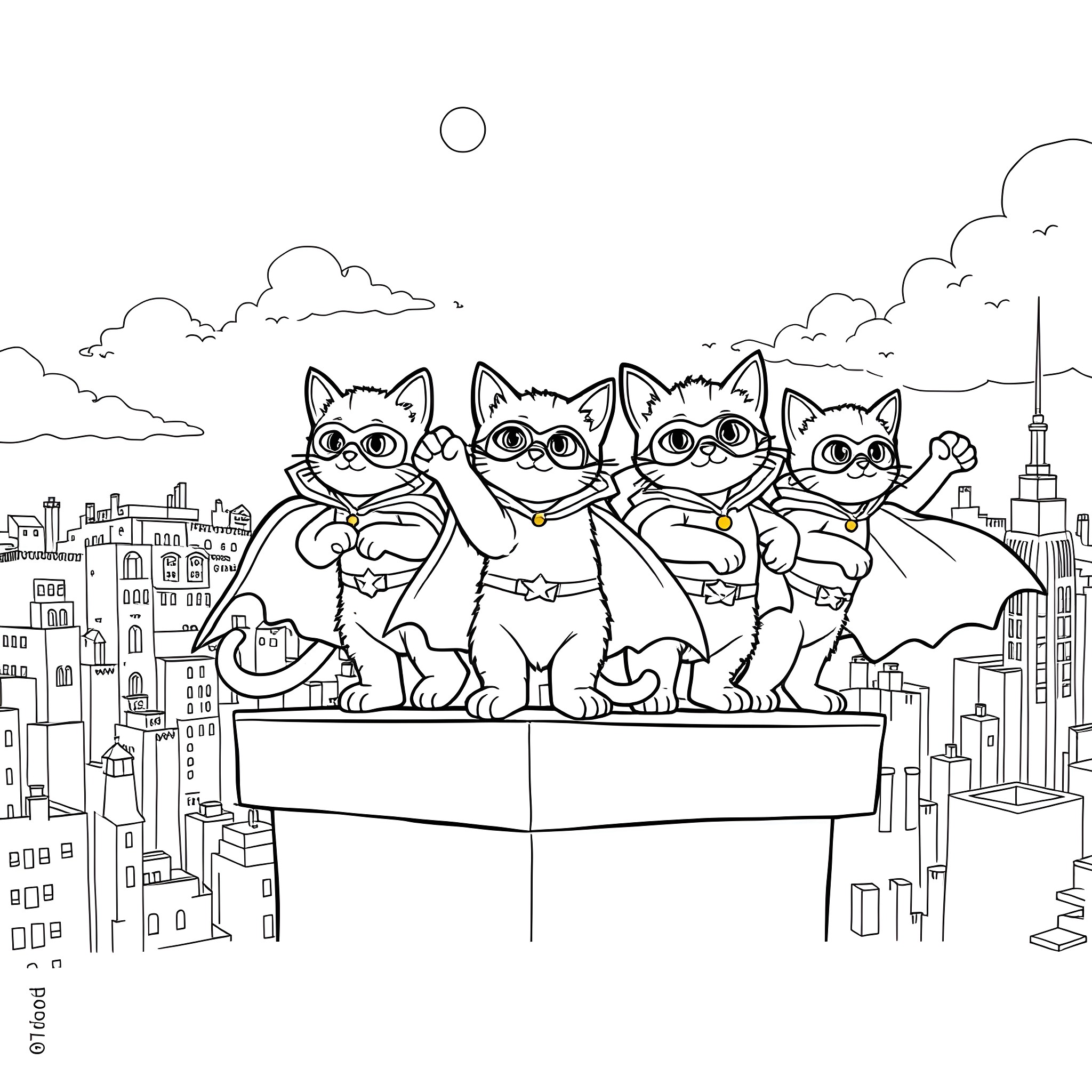 Superkitties team up to save the city Coloring Page (free black-and-white line drawing printable PDF for all, from beginners to advanced learners, including children, teens, adults, and seniors)