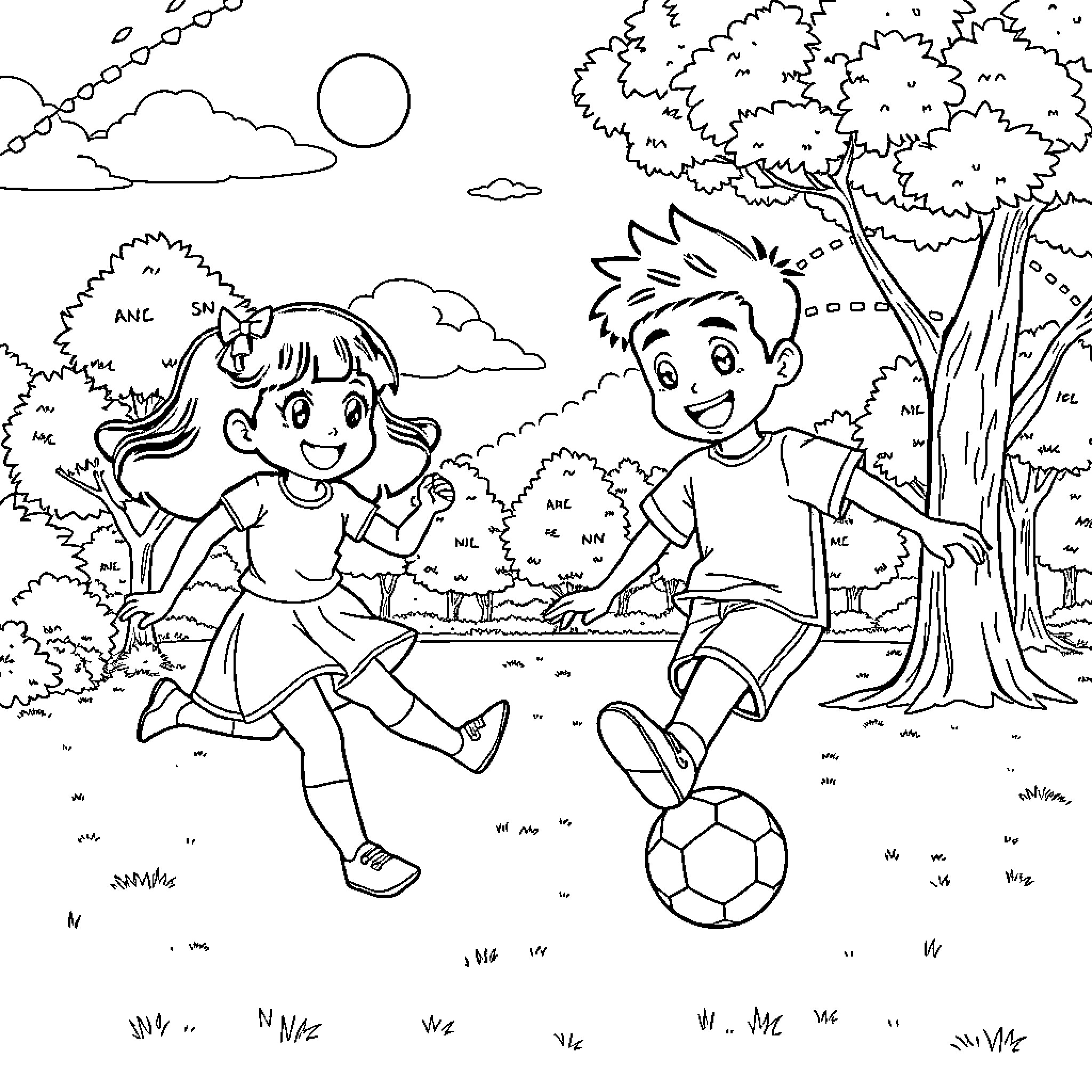 Nezuko and her friend playing soccer in a park Coloring Page (free black-and-white line drawing printable PDF for all, from beginners to advanced learners, including children, teens, adults, and seniors)
