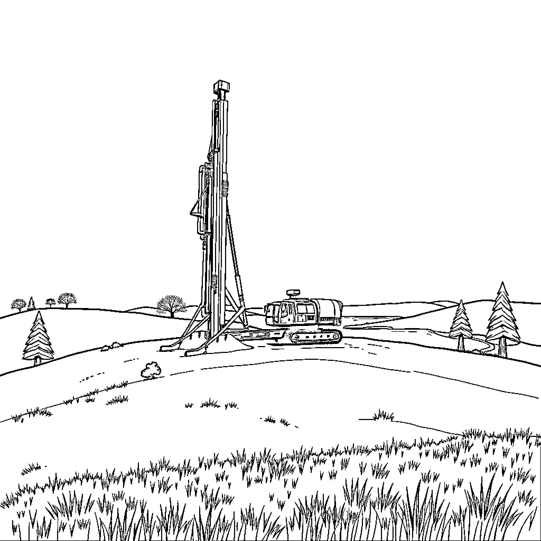 Drill Rig Operating in a Scenic Landscape Coloring Page (free black-and-white line drawing printable PDF for all, from beginners to advanced learners, including children, teens, adults, and seniors)