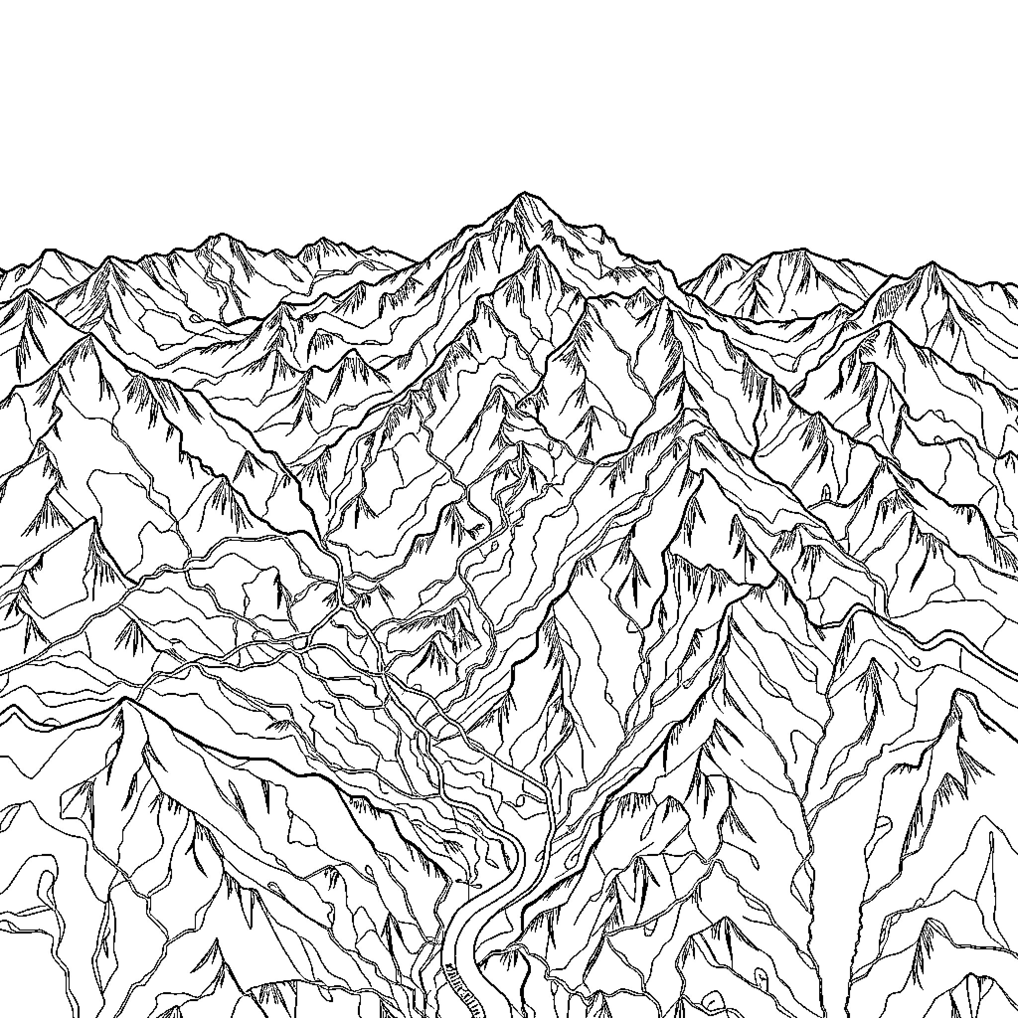 Map of Rugged Mountain Terrain Coloring Page (free black-and-white line drawing printable PDF for all, from beginners to advanced learners, including children, teens, adults, and seniors)