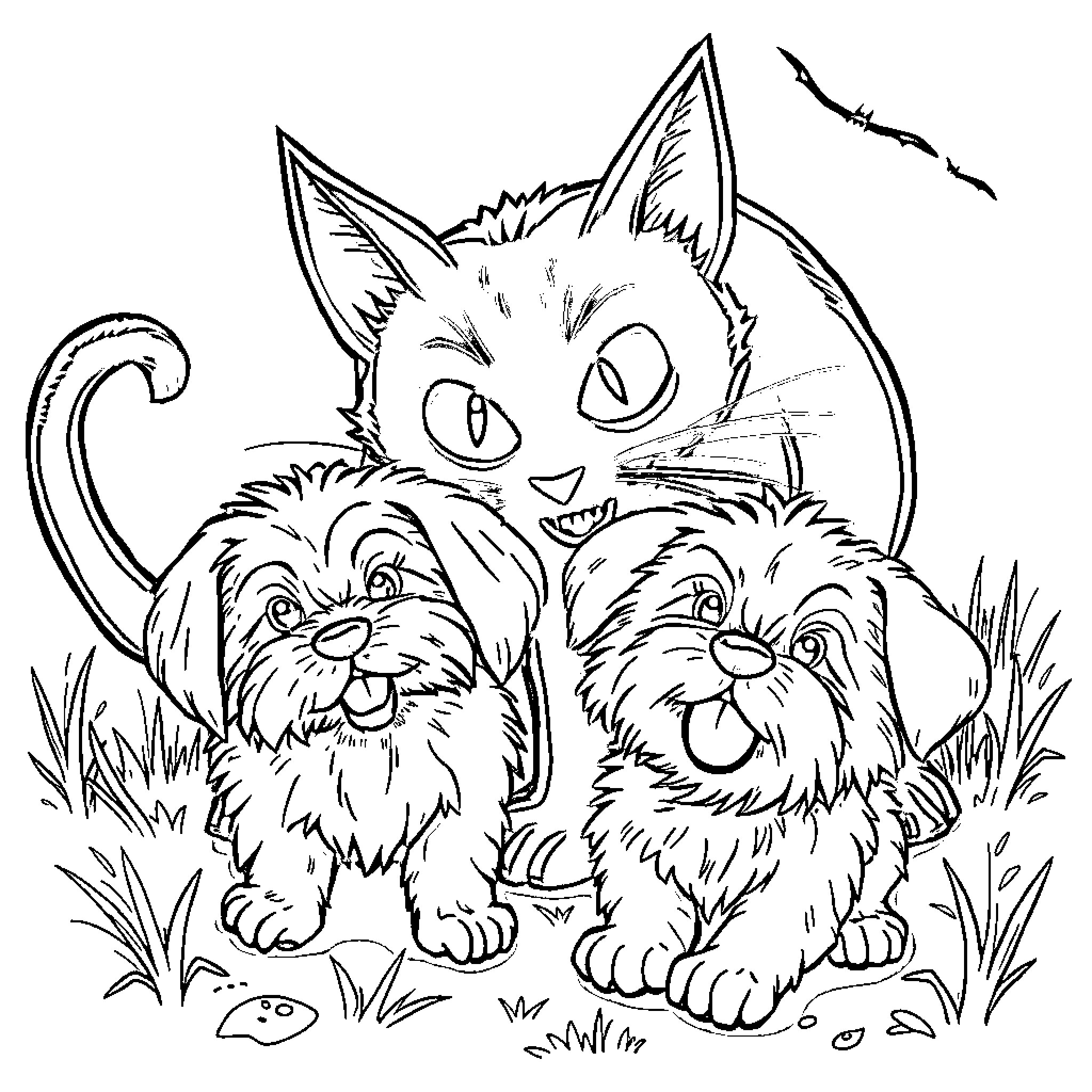 Cat and Adorable Puppies in the Grass Coloring Page (free black-and-white line drawing printable PDF for all, from beginners to advanced learners, including children, teens, adults, and seniors)
