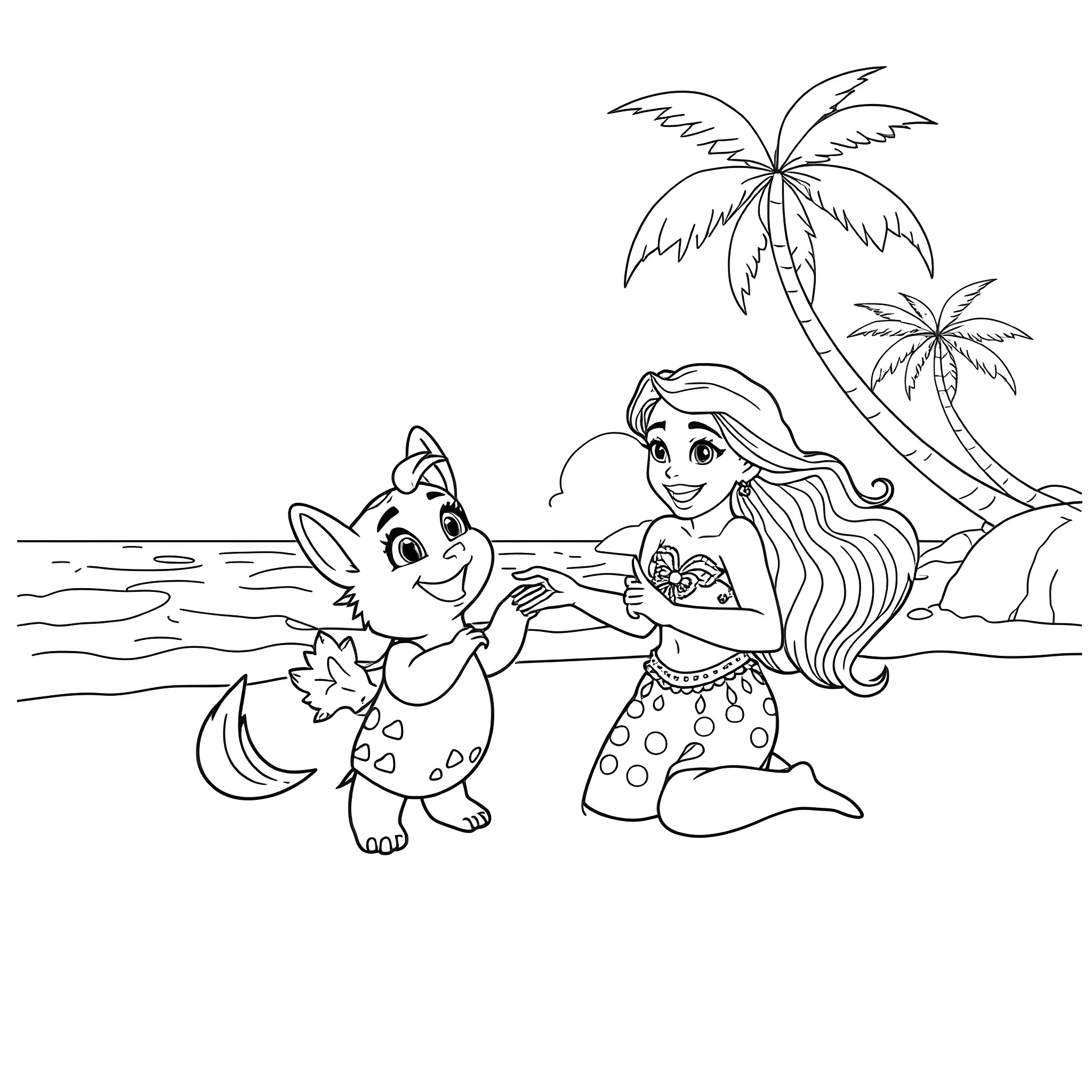 Moana playing with a friendly animal on a tropical beach Coloring Page (free black-and-white line drawing printable PDF for all, from beginners to advanced learners, including children, teens, adults, and seniors)