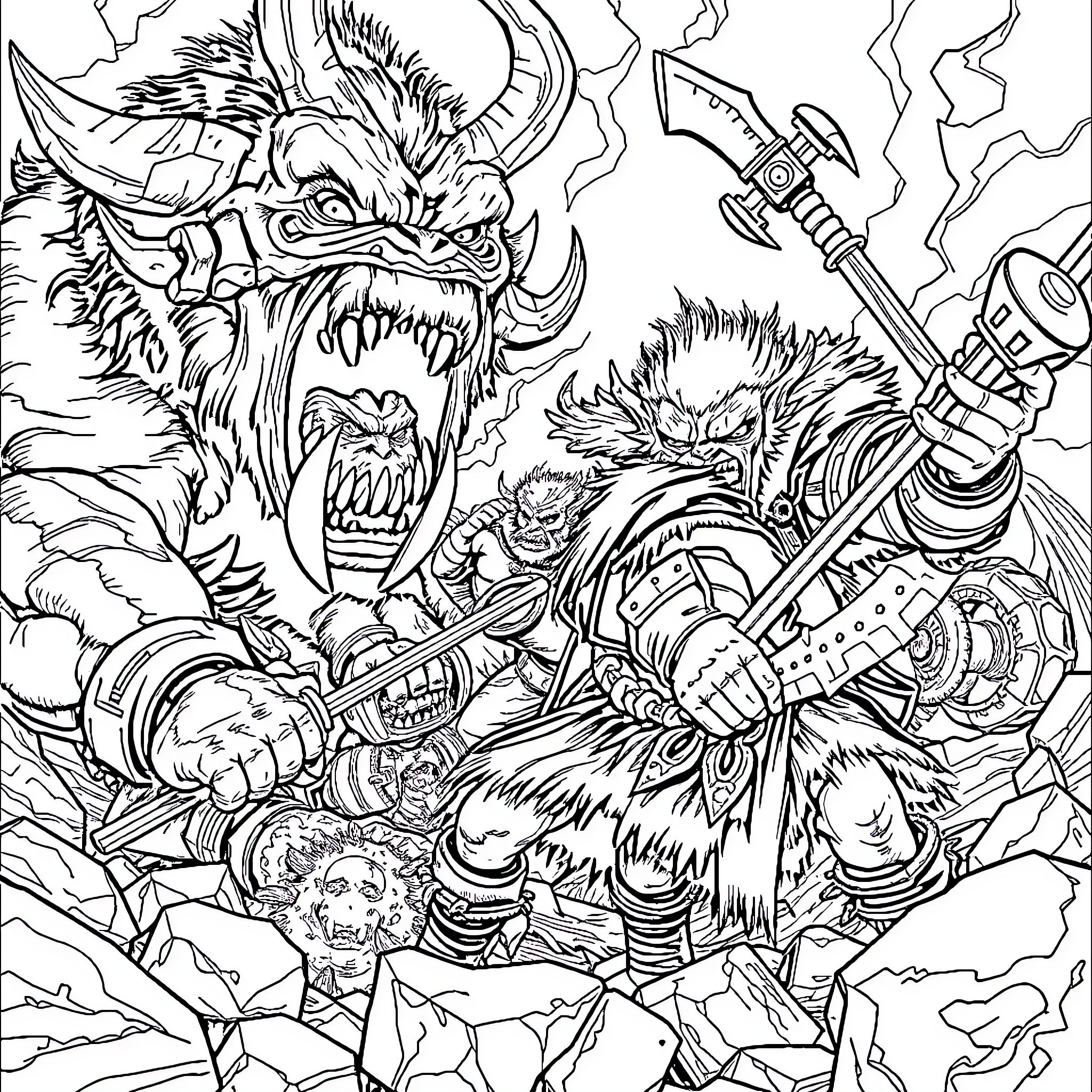 Troll Warriors Battling Ferocious Monster Coloring Page (free black-and-white line drawing printable PDF for all, from beginners to advanced learners, including children, teens, adults, and seniors)