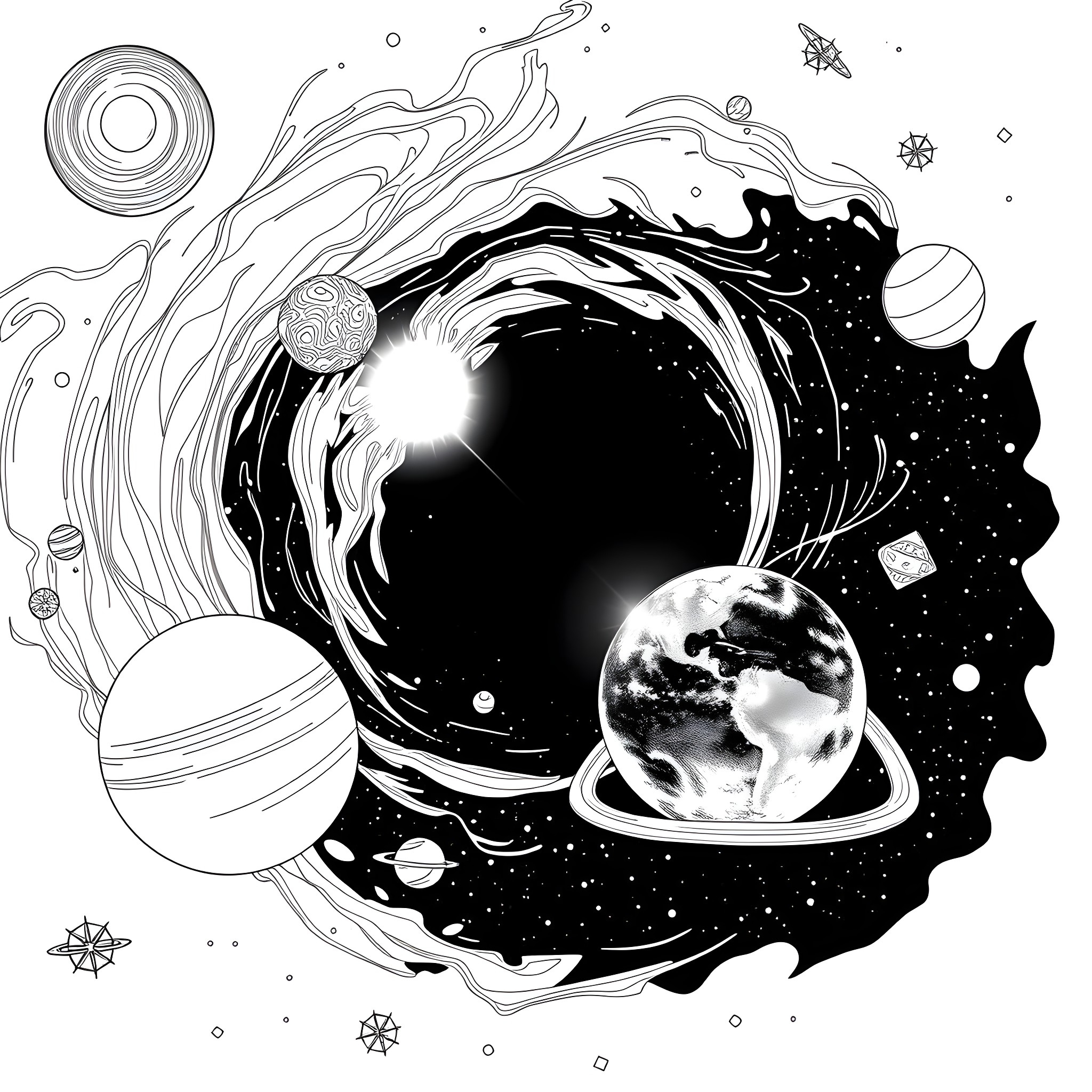 Planet space travel adventure in the cosmos Coloring Page (free black-and-white line drawing printable PDF for all, from beginners to advanced learners, including children, teens, adults, and seniors)