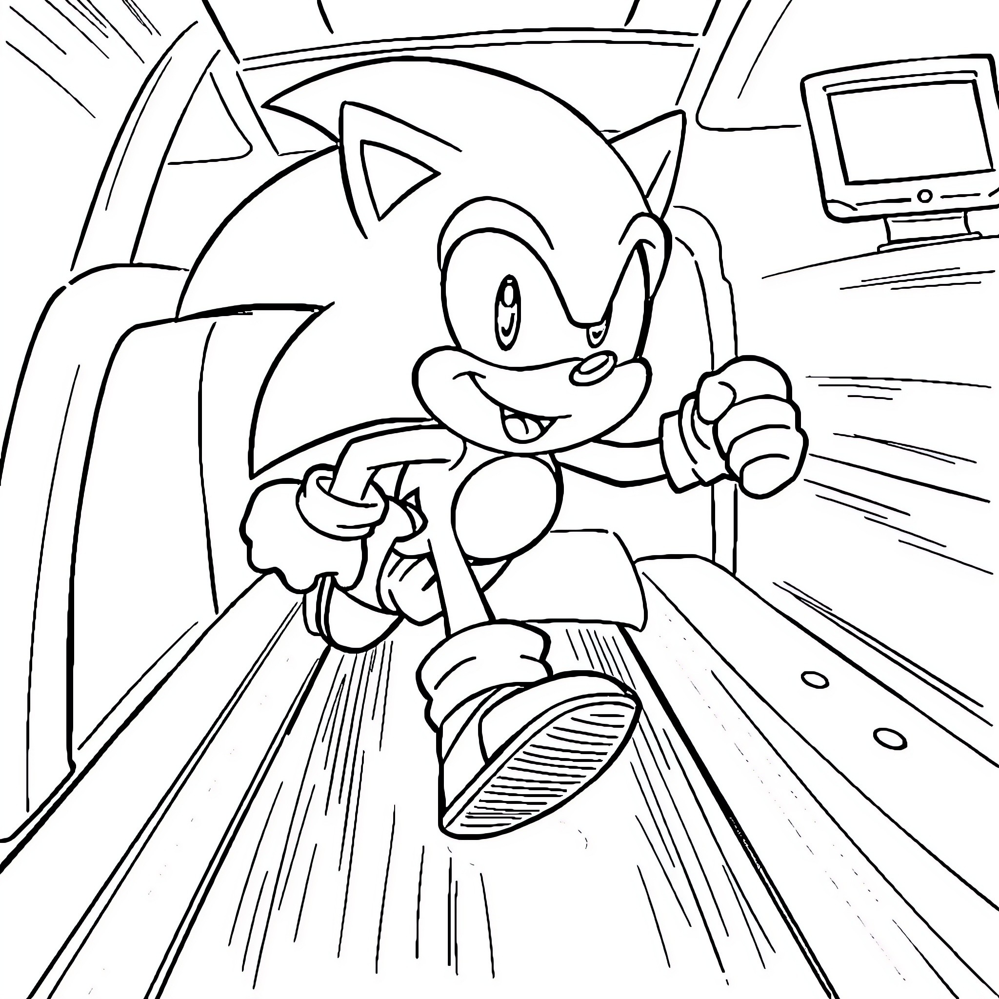 Sonic racing at high speed Coloring Page (free black-and-white line drawing printable PDF for all, from beginners to advanced learners, including children, teens, adults, and seniors)