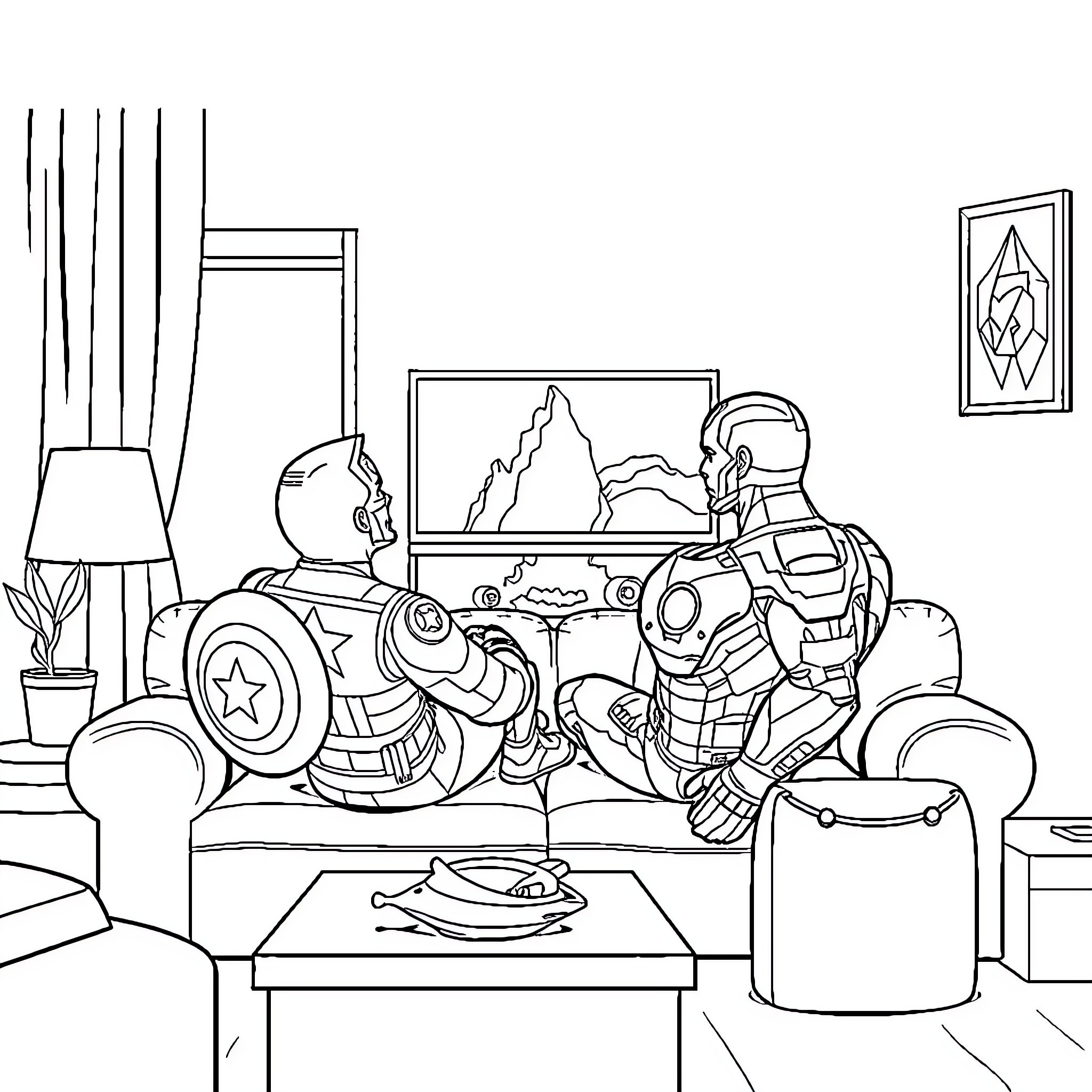 Captain America and Iron Man relaxing at home Coloring Page (free black-and-white line drawing printable PDF for all, from beginners to advanced learners, including children, teens, adults, and seniors)