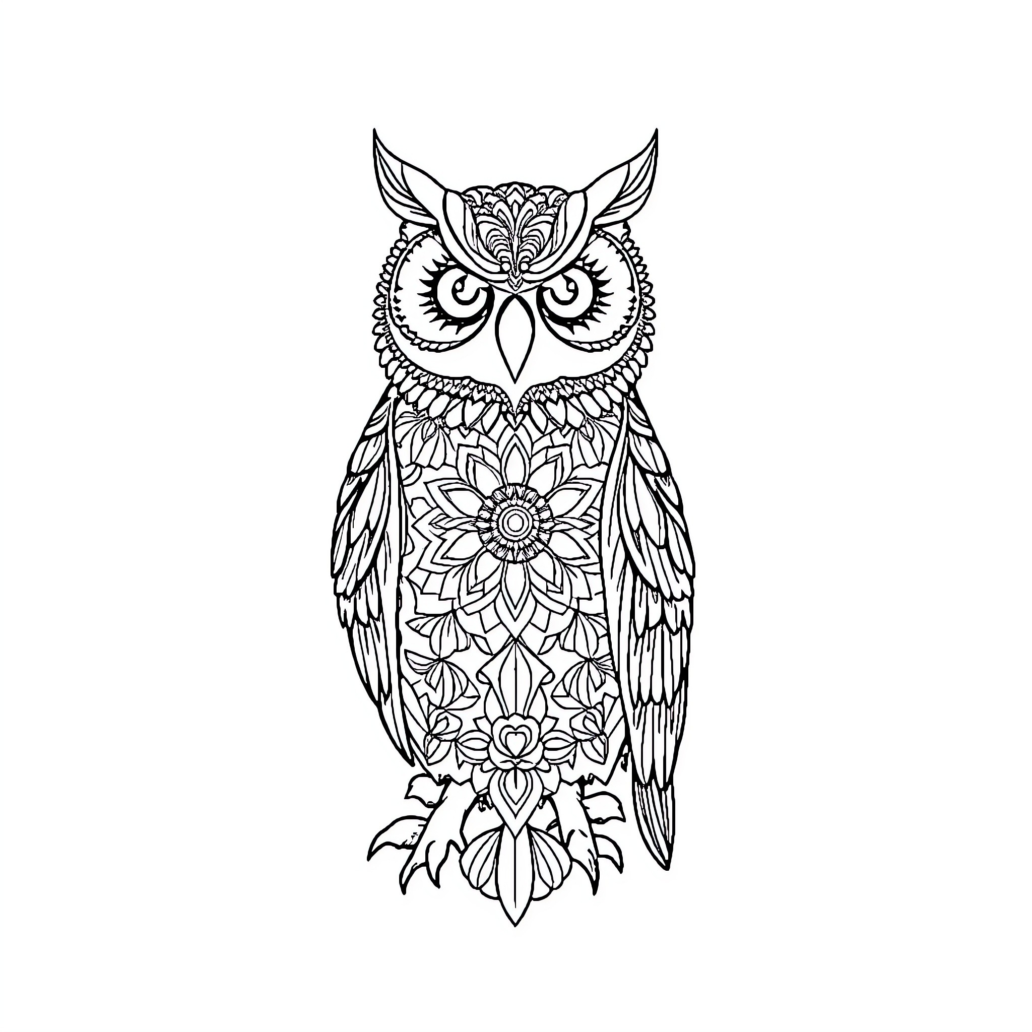 Owl with Intricate Floral Patterns Coloring Page (free black-and-white line drawing printable PDF for all, from beginners to advanced learners, including children, teens, adults, and seniors)