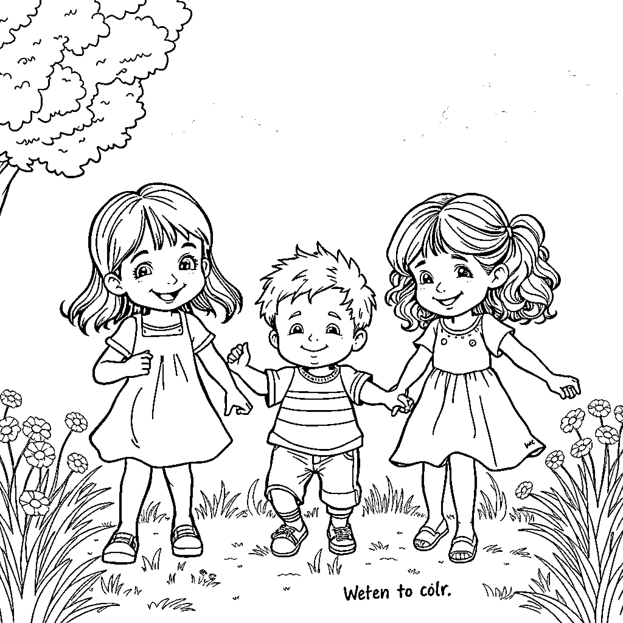 Child Friends Exploring Nature Together Coloring Page (free black-and-white line drawing printable PDF for all, from beginners to advanced learners, including children, teens, adults, and seniors)