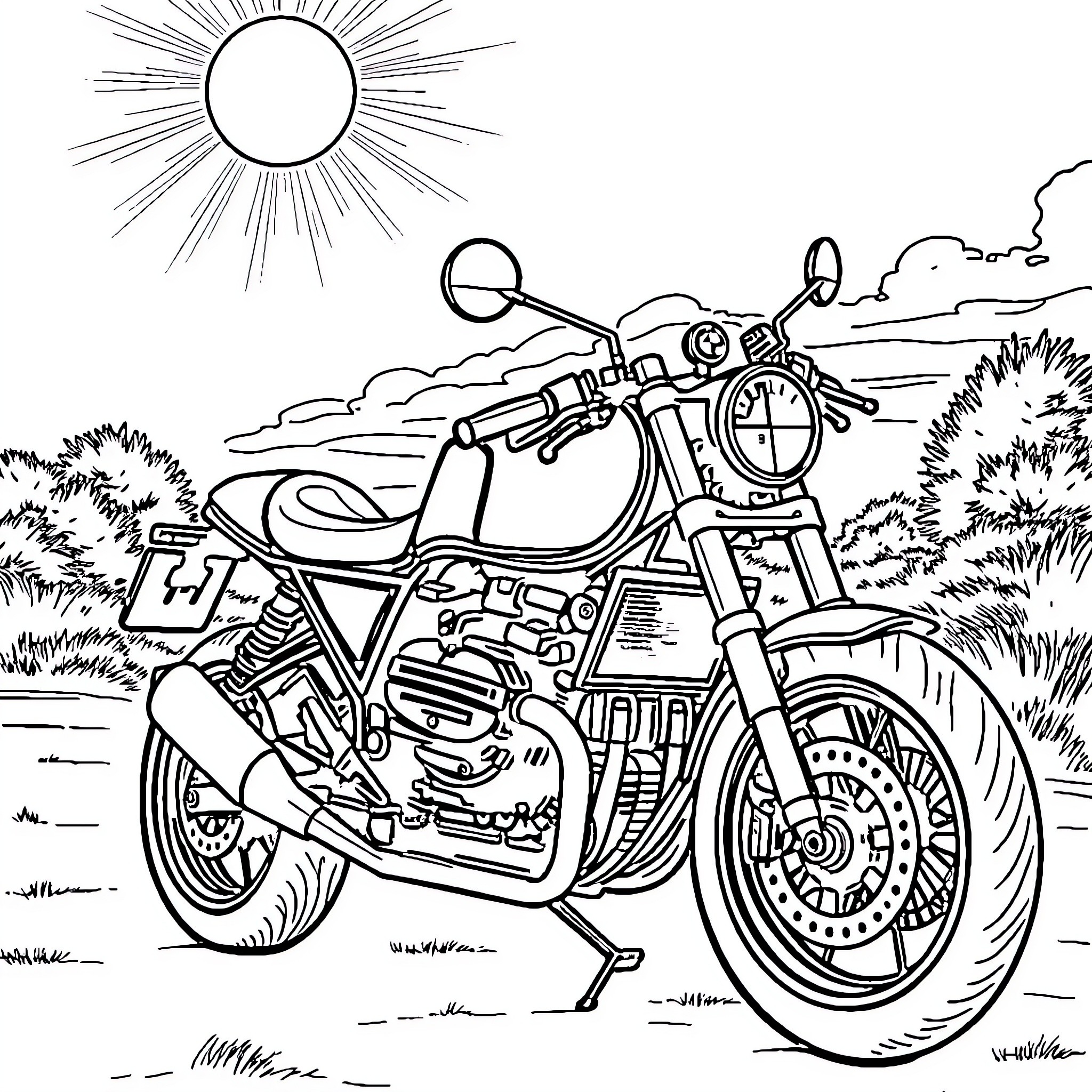 BMW R Nine T motorcycle in a scenic landscape Coloring Page (free black-and-white line drawing printable PDF for all, from beginners to advanced learners, including children, teens, adults, and seniors)