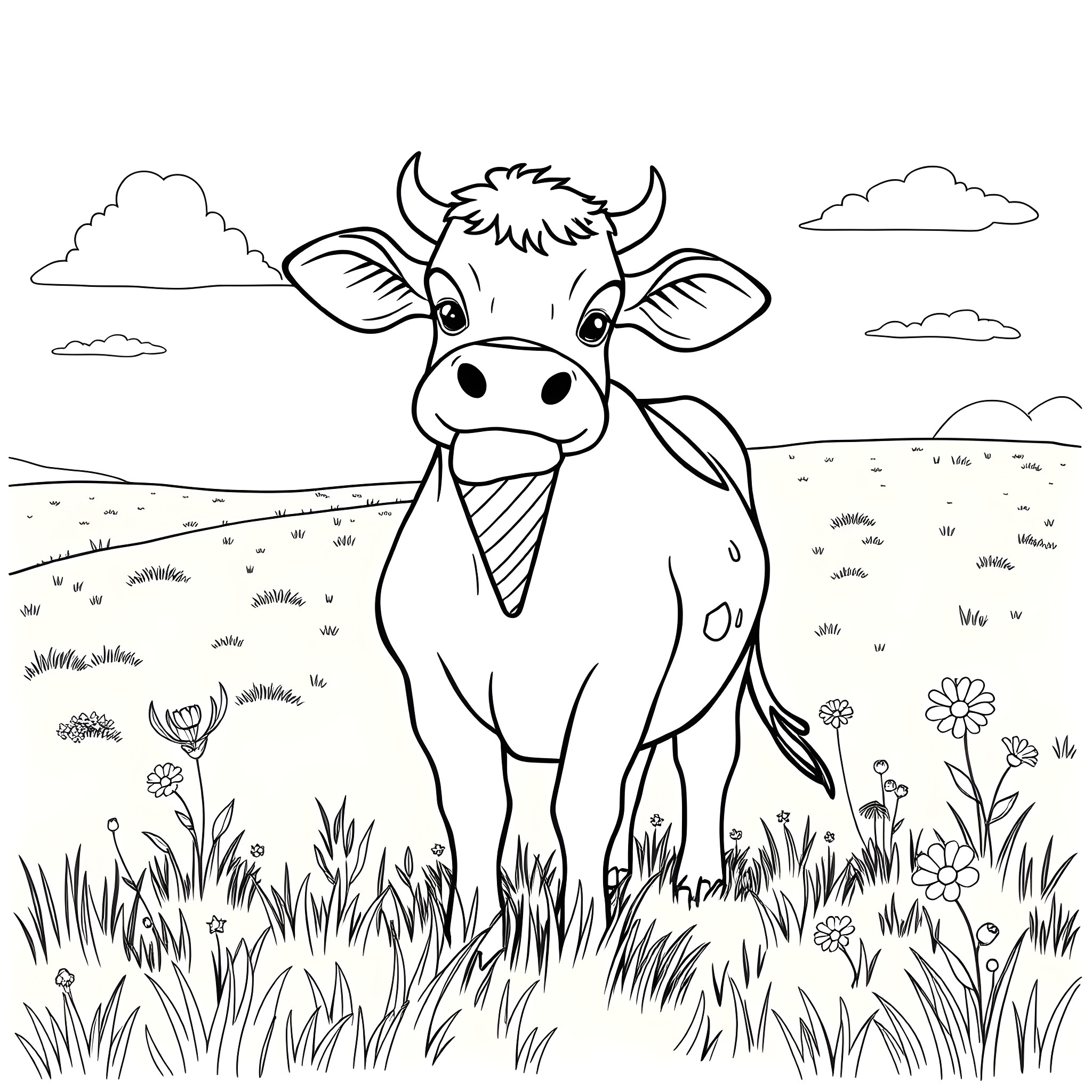 Cow enjoying the scenic countryside Coloring Page (free black-and-white line drawing printable PDF for all, from beginners to advanced learners, including children, teens, adults, and seniors)