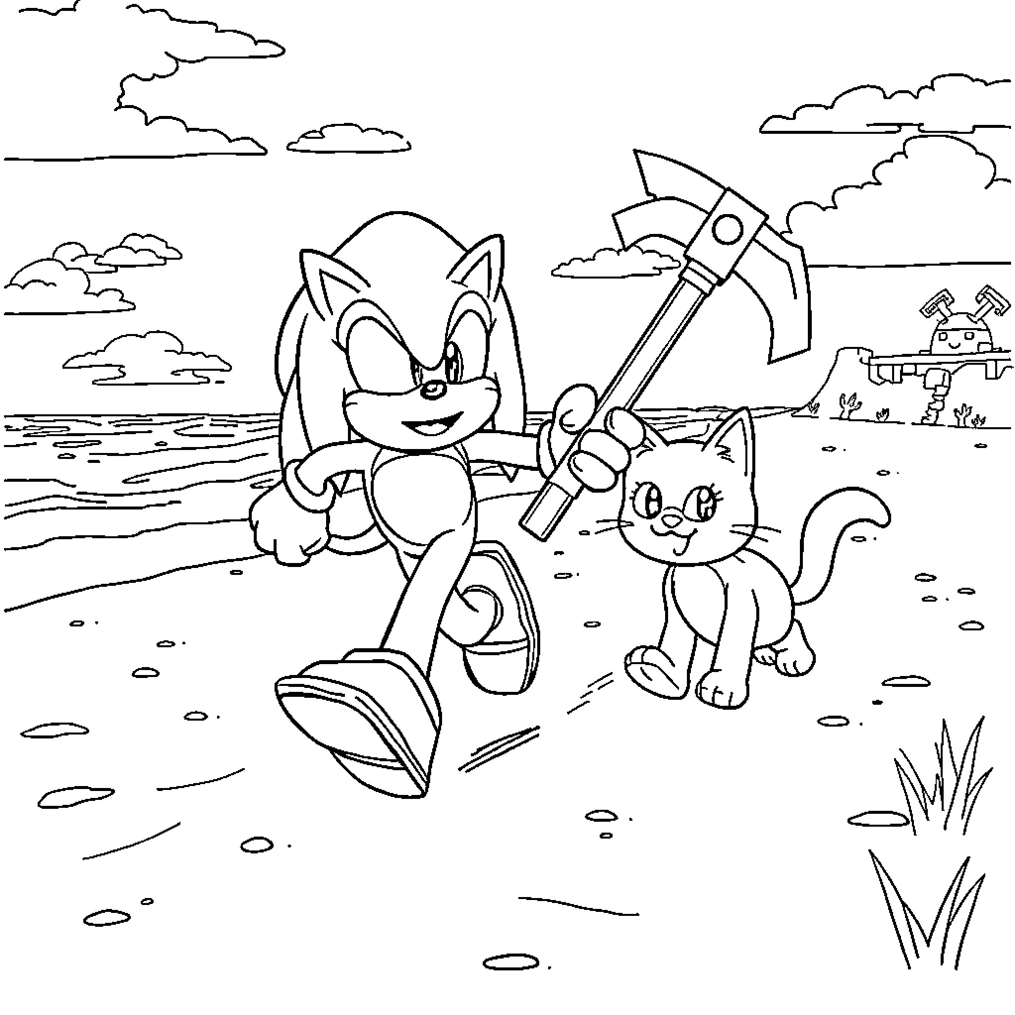 Knuckles and Kitten Explore Adventurous Landscape Coloring Page (free black-and-white line drawing printable PDF for all, from beginners to advanced learners, including children, teens, adults, and seniors)