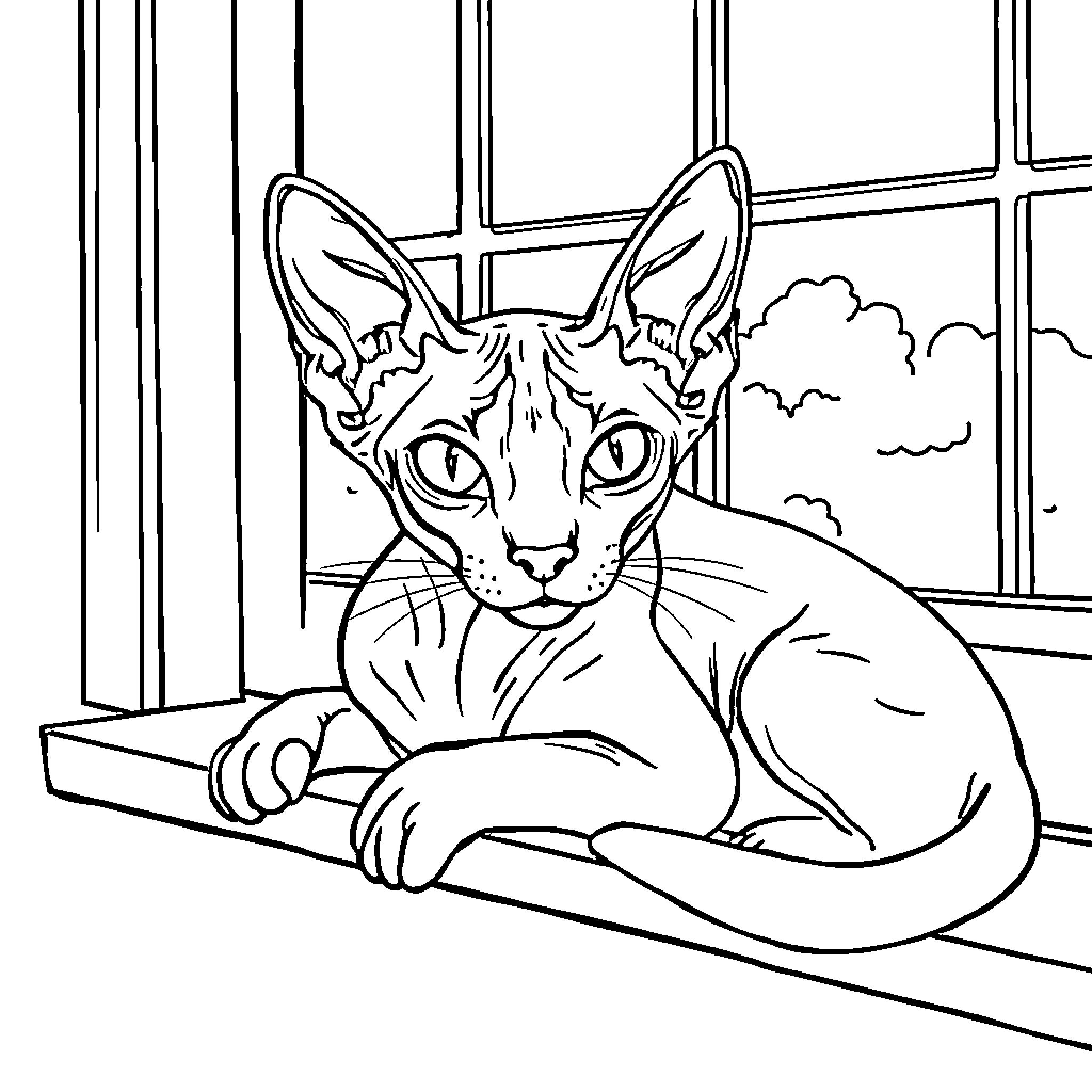 Sphynx Cat Resting by Window Coloring Page (free black-and-white line drawing printable PDF for all, from beginners to advanced learners, including children, teens, adults, and seniors)