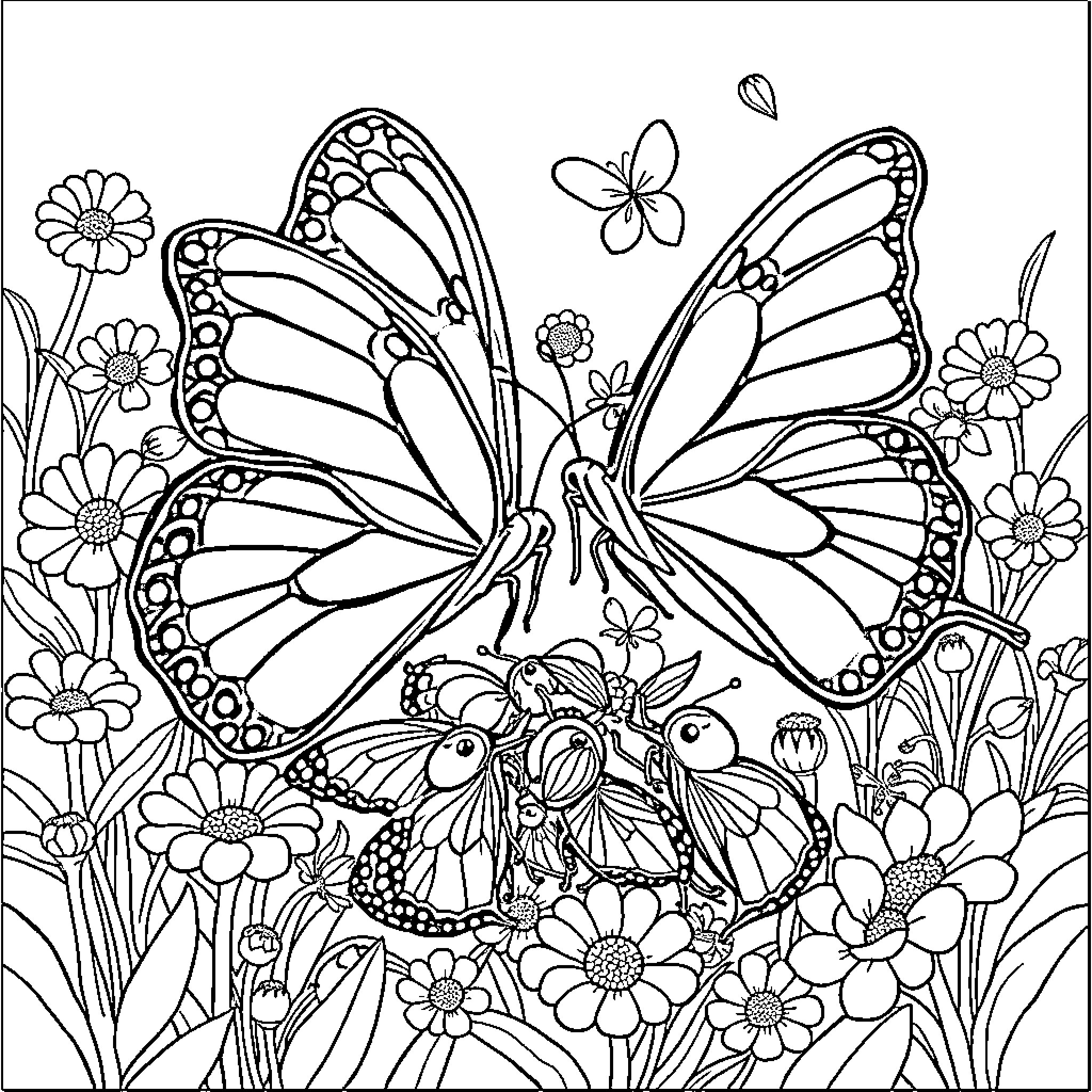 Butterfly amid colorful floral arrangement Coloring Page (free black-and-white line drawing printable PDF for all, from beginners to advanced learners, including children, teens, adults, and seniors)