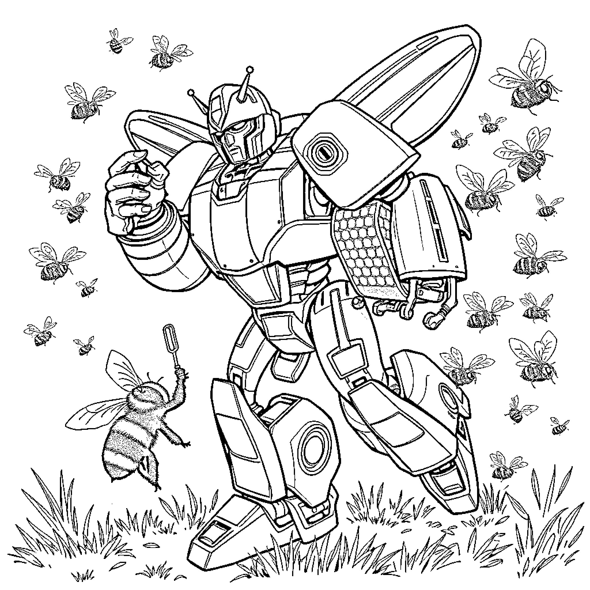 Bumblebee hero surrounded by friendly insects Coloring Page (free black-and-white line drawing printable PDF for all, from beginners to advanced learners, including children, teens, adults, and seniors)