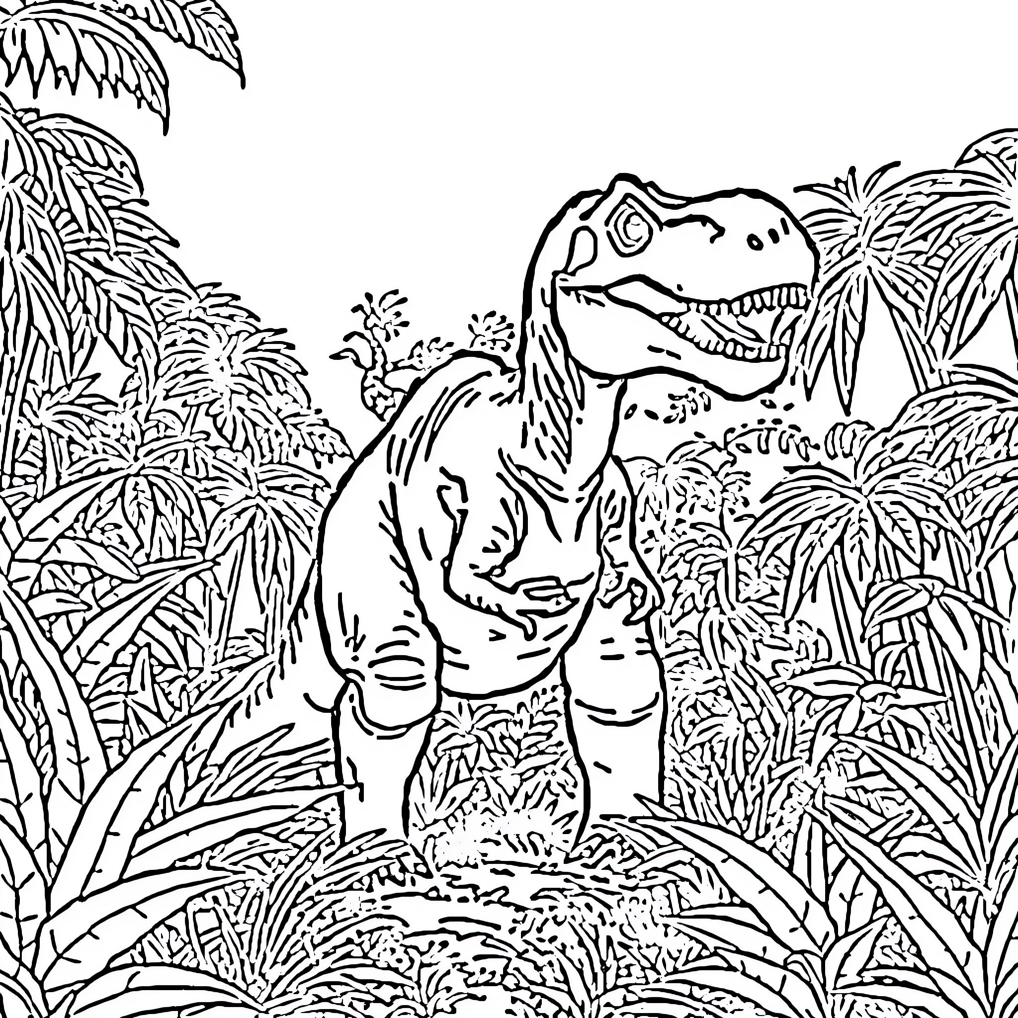 Dinosaur exploring the lush jungle landscape Coloring Page (free black-and-white line drawing printable PDF for all, from beginners to advanced learners, including children, teens, adults, and seniors)