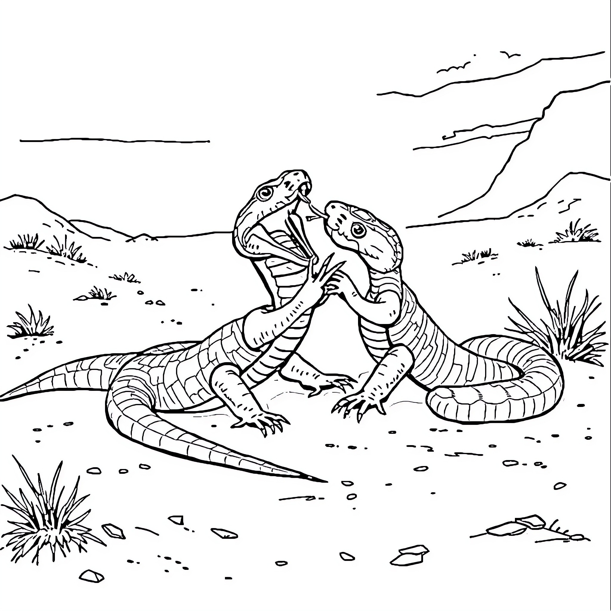 Rattlesnakes in combat on rocky terrain Coloring Page (free black-and-white line drawing printable PDF for all, from beginners to advanced learners, including children, teens, adults, and seniors)