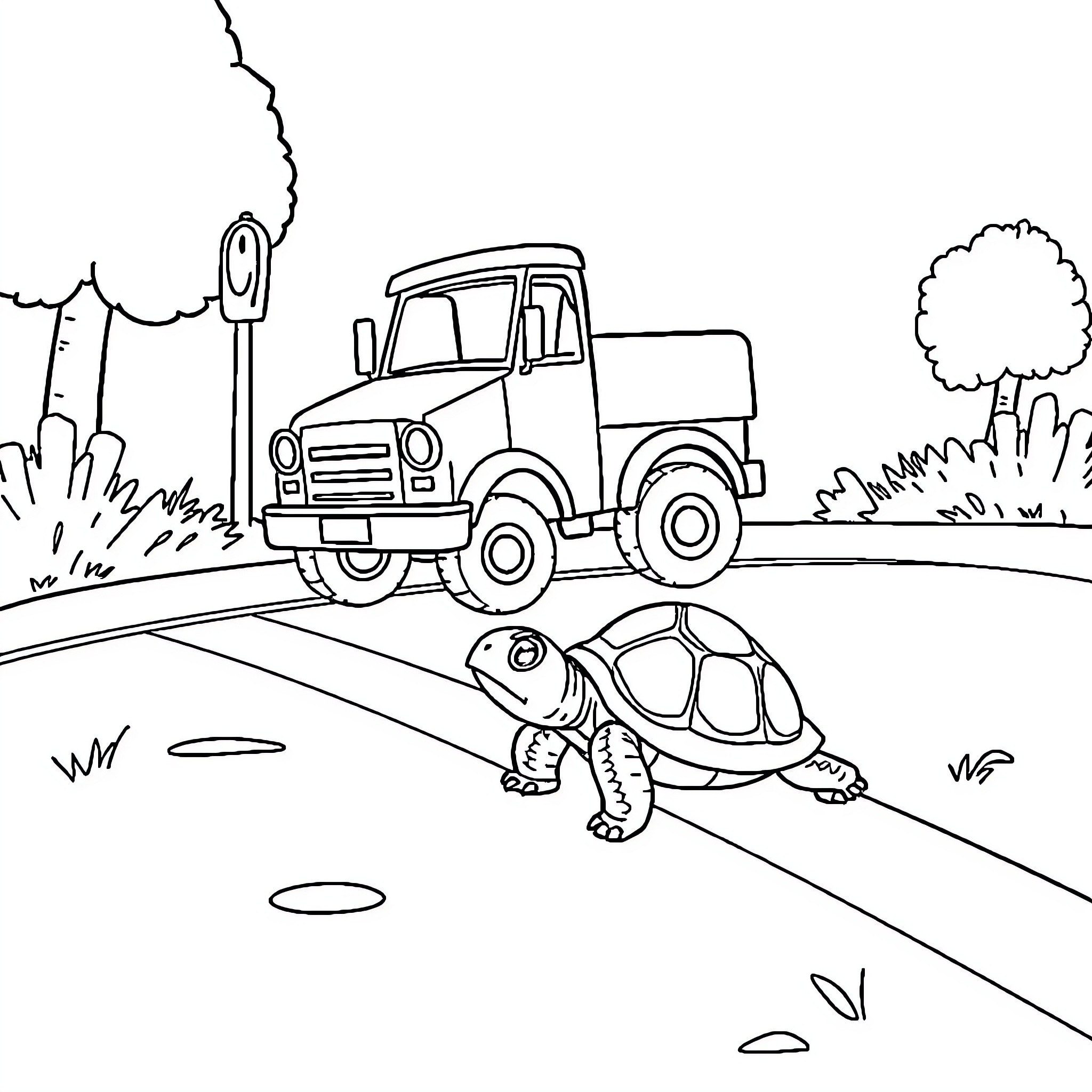 Turtle crossing the road with a truck Coloring Page (free black-and-white line drawing printable PDF for all, from beginners to advanced learners, including children, teens, adults, and seniors)