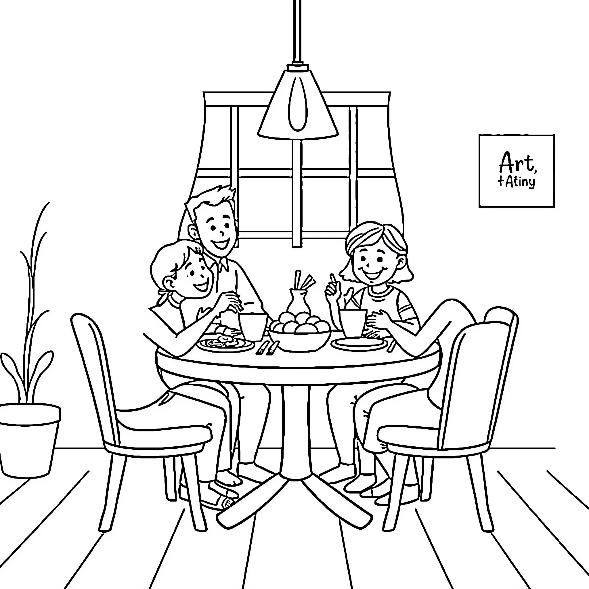 Family Enjoying Mealtime Together Coloring Page (free black-and-white line drawing printable PDF for all, from beginners to advanced learners, including children, teens, adults, and seniors)