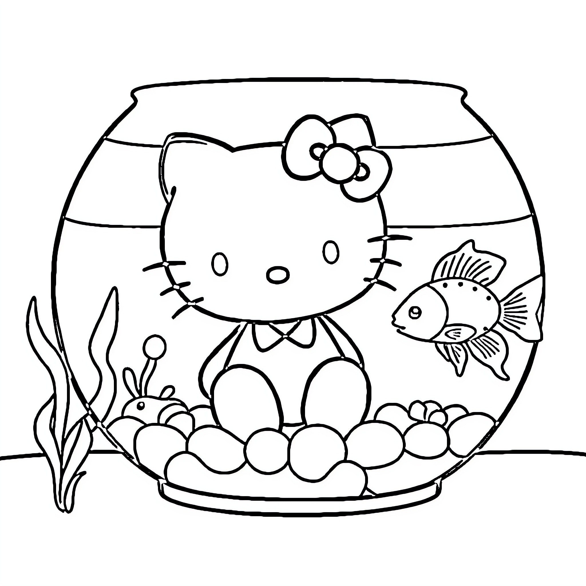 Hello Kitty playing with fish in aquarium Coloring Page (free black-and-white line drawing printable PDF for all, from beginners to advanced learners, including children, teens, adults, and seniors)