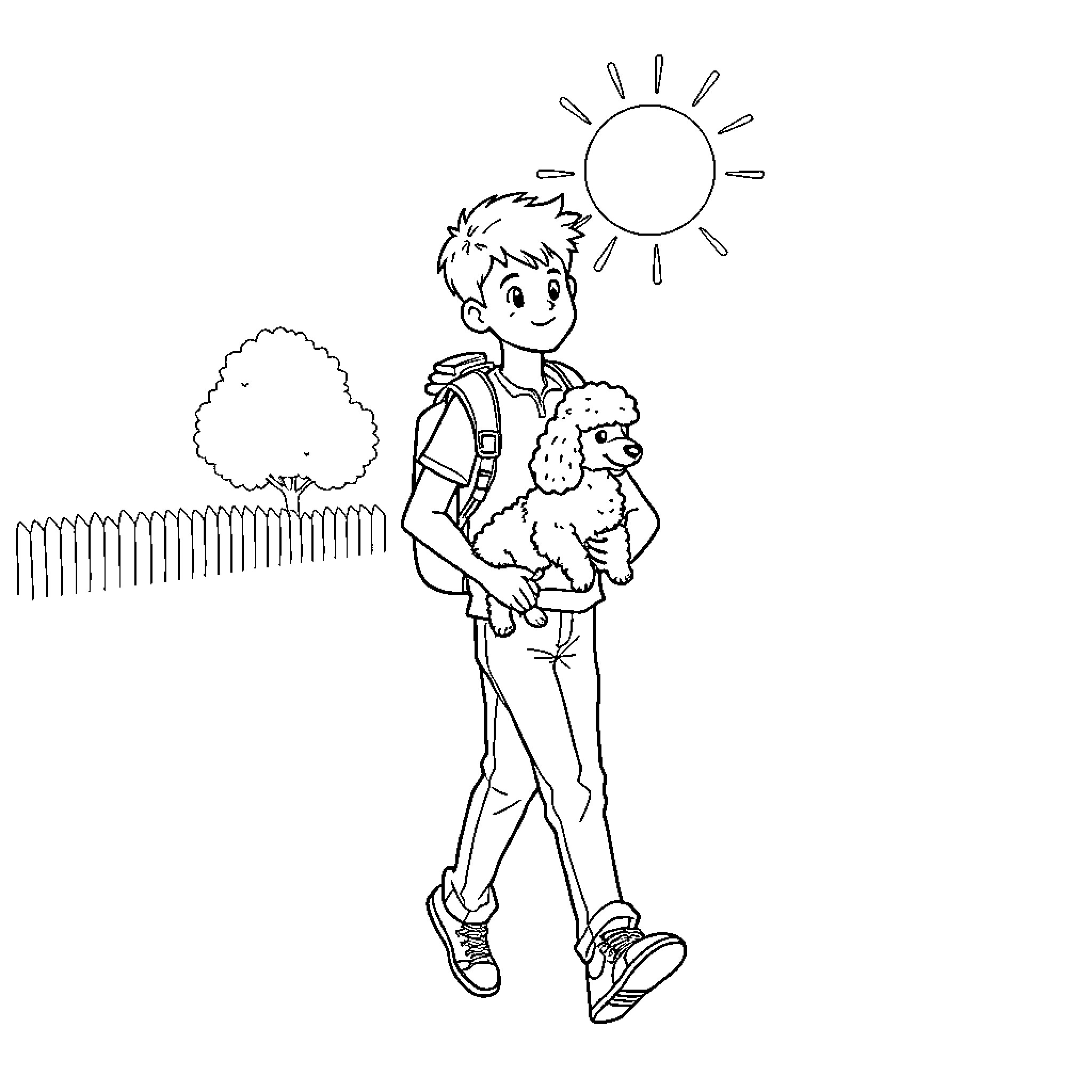 Boy walking with his pet dog on a sunny day Coloring Page (free black-and-white line drawing printable PDF for all, from beginners to advanced learners, including children, teens, adults, and seniors)