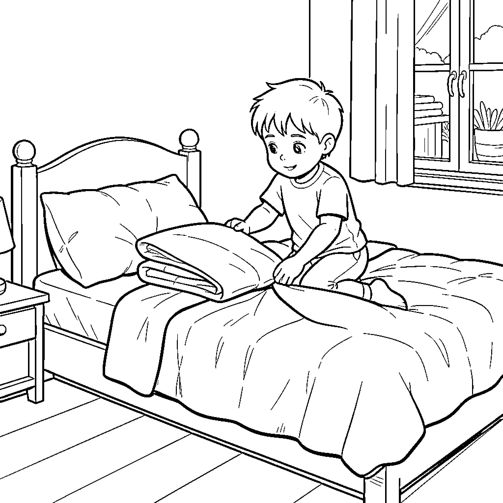 Child sitting on bed with toys Coloring Page (free black-and-white line drawing printable PDF for all, from beginners to advanced learners, including children, teens, adults, and seniors)