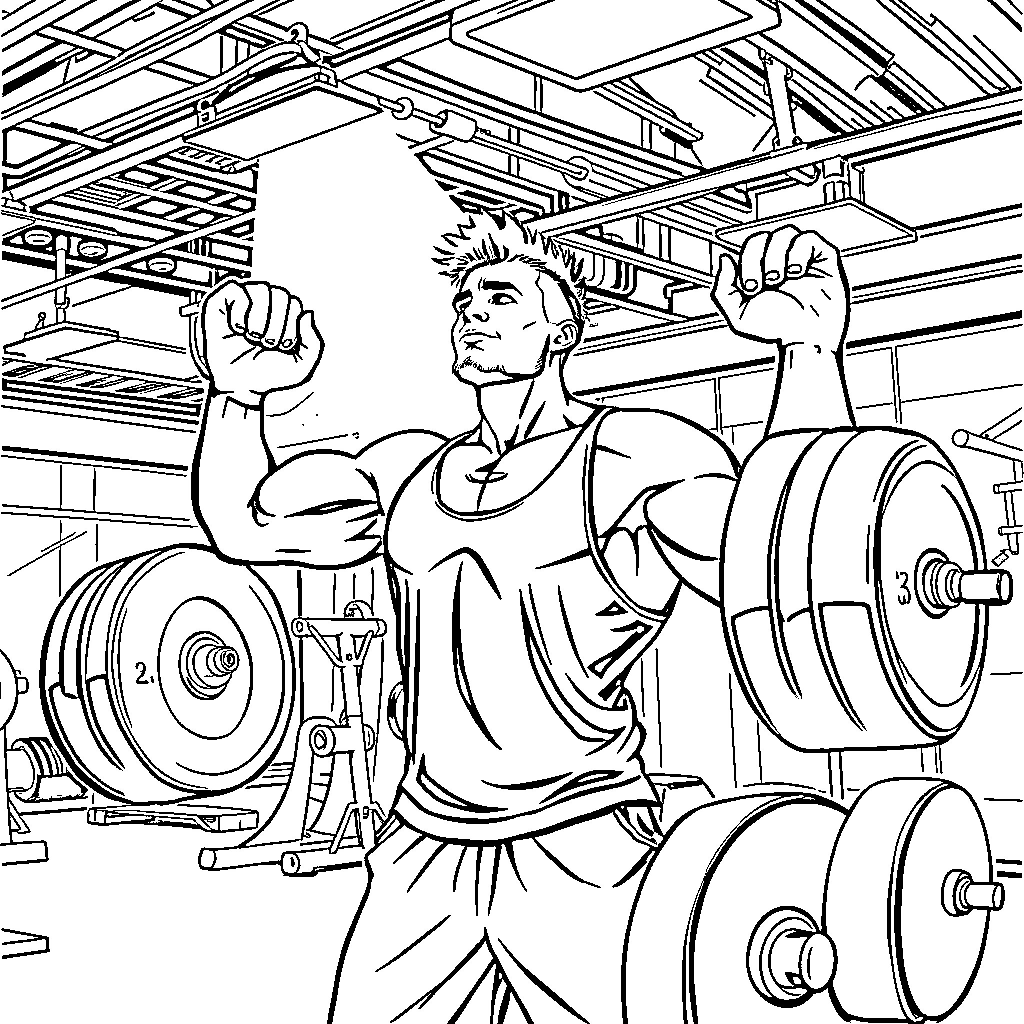 Weight Lifting: Muscular Man's Intense Workout in the Gym Coloring Page (free black-and-white line drawing printable PDF for all, from beginners to advanced learners, including children, teens, adults, and seniors)