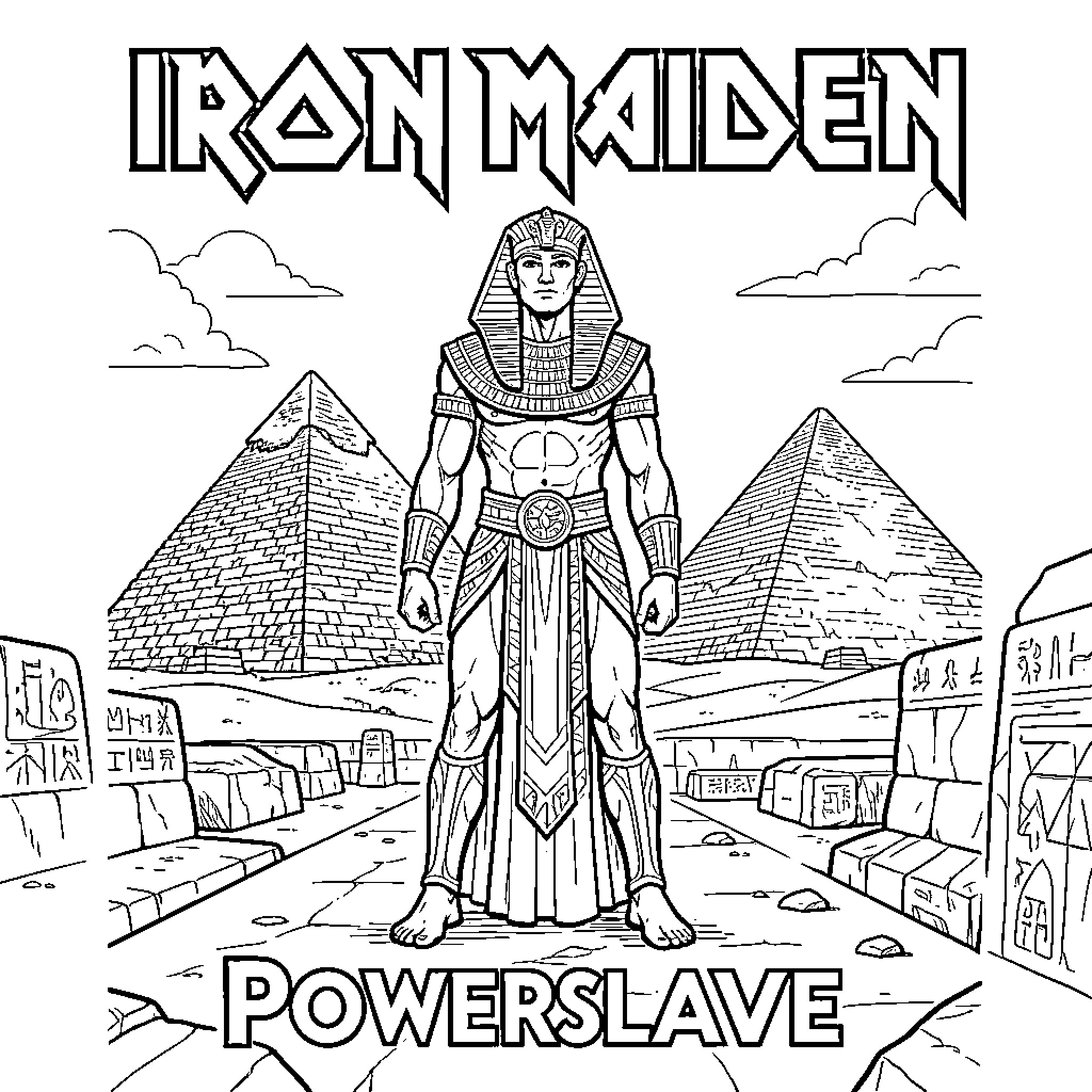 Iron Maiden Egyptian pharaoh standing before ancient pyramids Coloring Page (free black-and-white line drawing printable PDF for all, from beginners to advanced learners, including children, teens, adults, and seniors)
