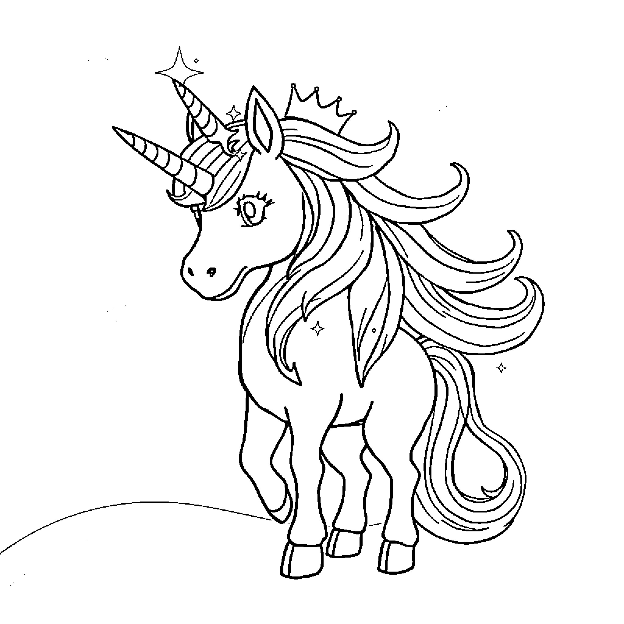 Unicorn with flowing mane and horn Coloring Page (free black-and-white line drawing printable PDF for all, from beginners to advanced learners, including children, teens, adults, and seniors)