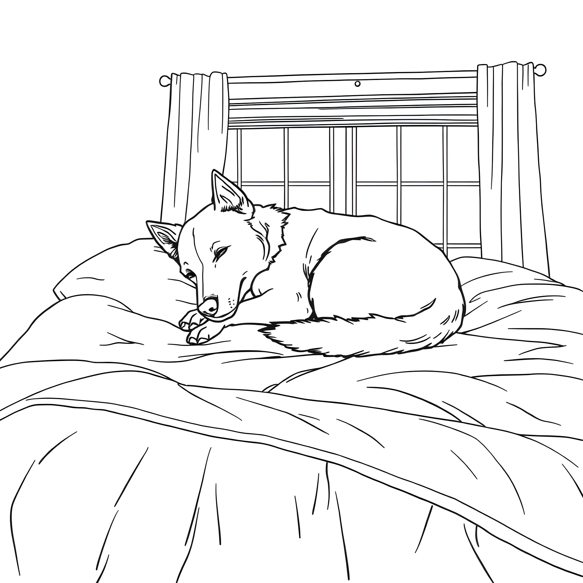 Kelpie resting peacefully on a cozy bed Coloring Page (free black-and-white line drawing printable PDF for all, from beginners to advanced learners, including children, teens, adults, and seniors)