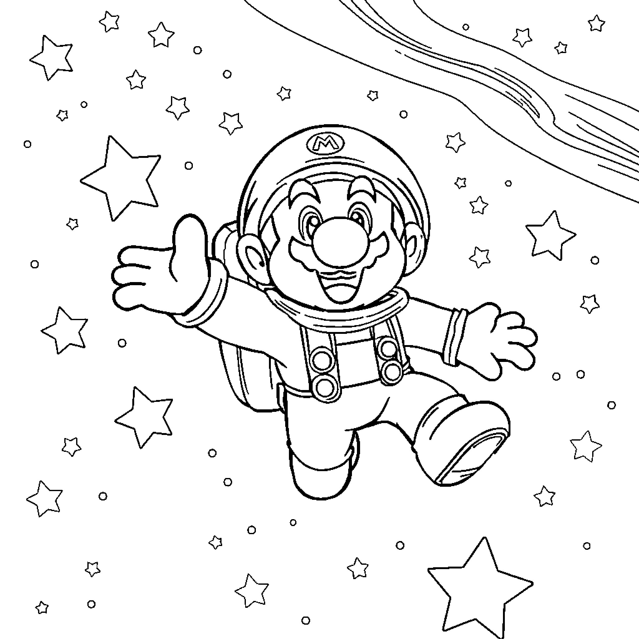 Mario in Outer Space Adventure Coloring Page (free black-and-white line drawing printable PDF for all, from beginners to advanced learners, including children, teens, adults, and seniors)