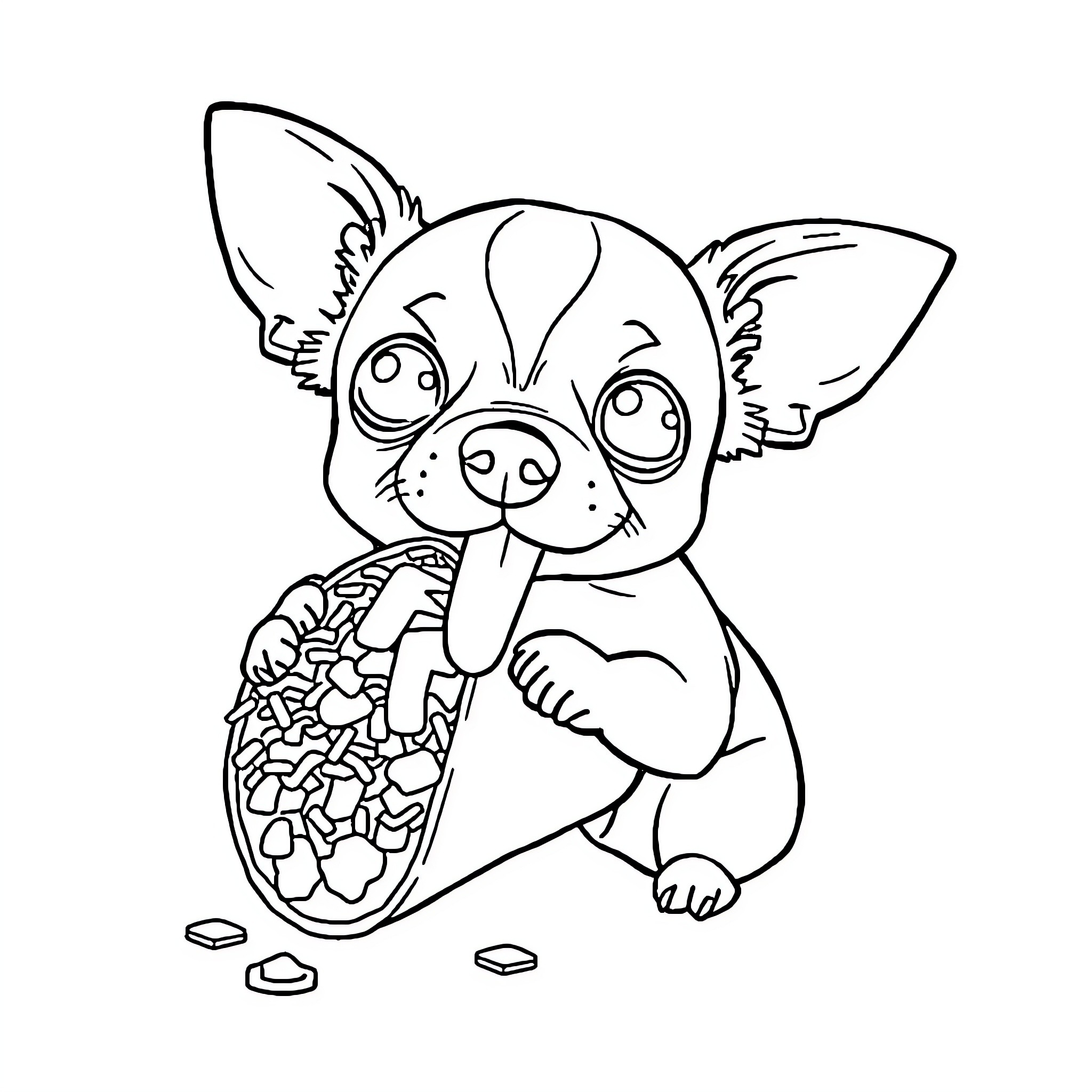 Chihuahua eating snacks happily Coloring Page (free black-and-white line drawing printable PDF for all, from beginners to advanced learners, including children, teens, adults, and seniors)