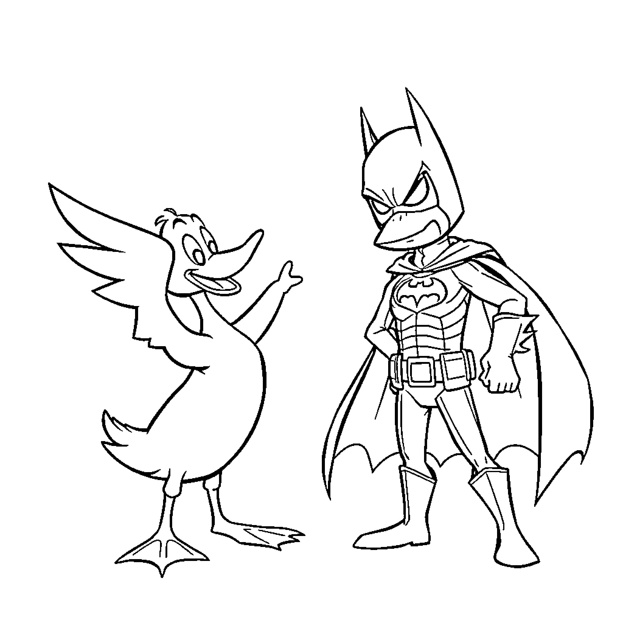 Duck interacting with superhero in cartoon style Coloring Page (free black-and-white line drawing printable PDF for all, from beginners to advanced learners, including children, teens, adults, and seniors)